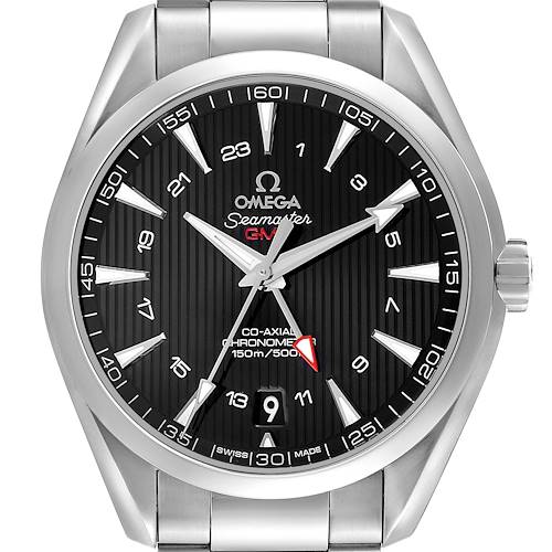 The Omega Aqua Terra 231.10.43.22.01.001 Men's Stainless Steel Black Dial watch is shown from the front, highlighting the dial, bracelet, and crown.