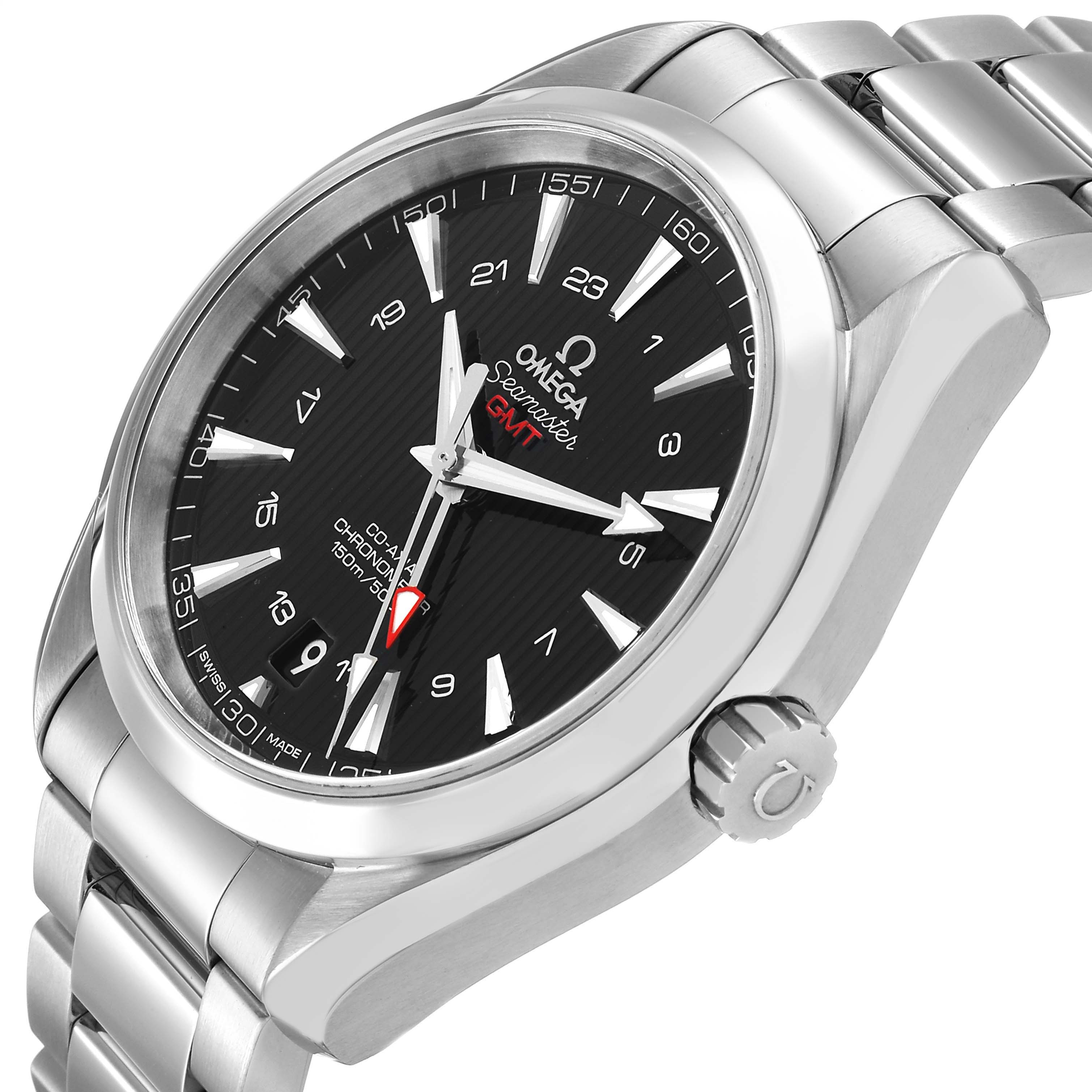 The Omega Aqua Terra 231.10.43.22.01.001 Men's Stainless Steel Black Dial watch is shown at a slight angle, displaying the dial, hands, bezel, and part of the bracelet.