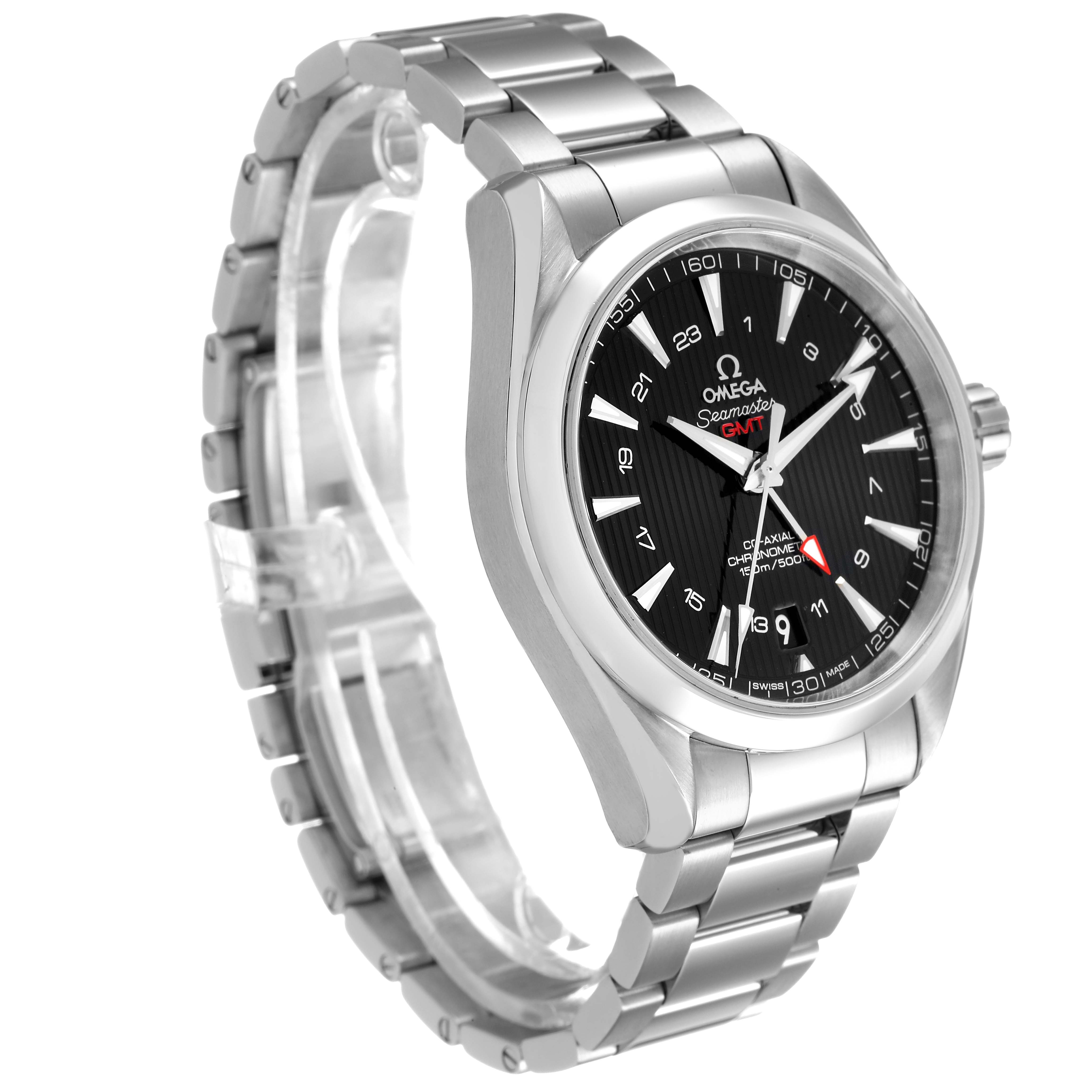 The Omega Aqua Terra 231.10.43.22.01.001 Men's Stainless Steel Black Dial watch is shown at a three-quarter angle, highlighting the dial, bracelet, and bezel.