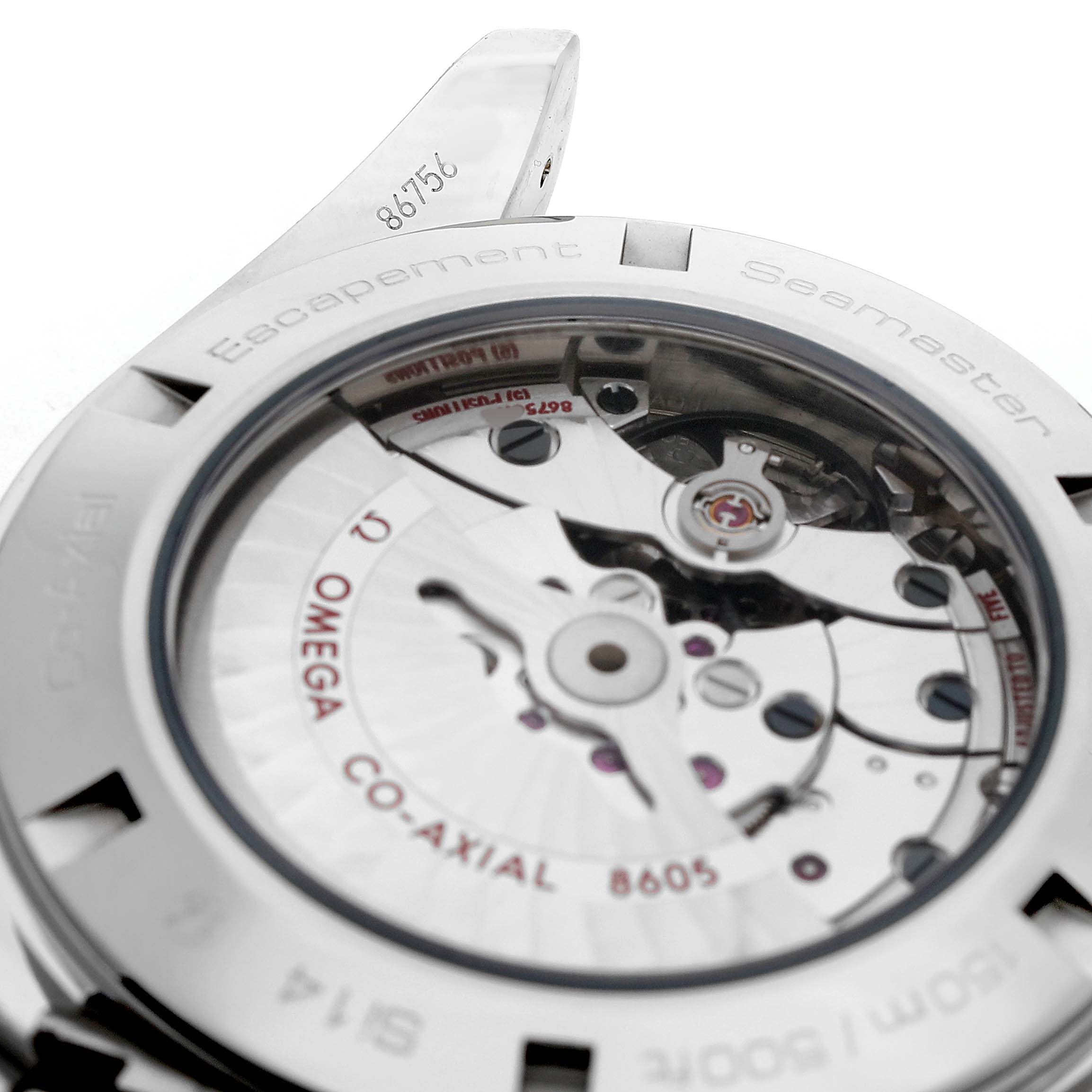 The image shows a close-up of the rear view of the Omega Aqua Terra 231.10.43.22.01.001 Men's Stainless Steel Black Dial watch, highlighting its Co-Axial movement.