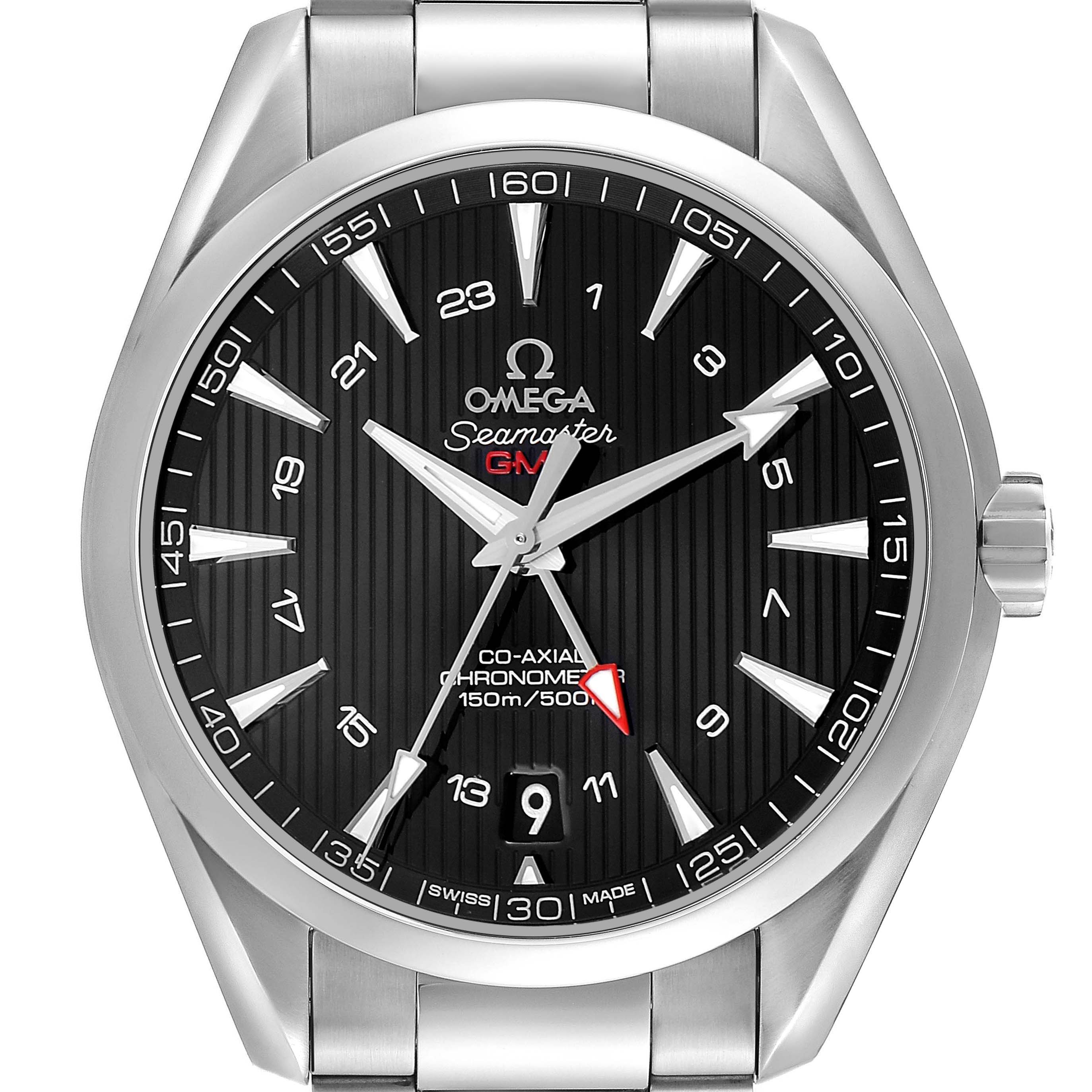 The Omega Aqua Terra 231.10.43.22.01.001 Men's Stainless Steel Black Dial watch is shown from a front angle, highlighting its black dial, hands, indices, and date window.