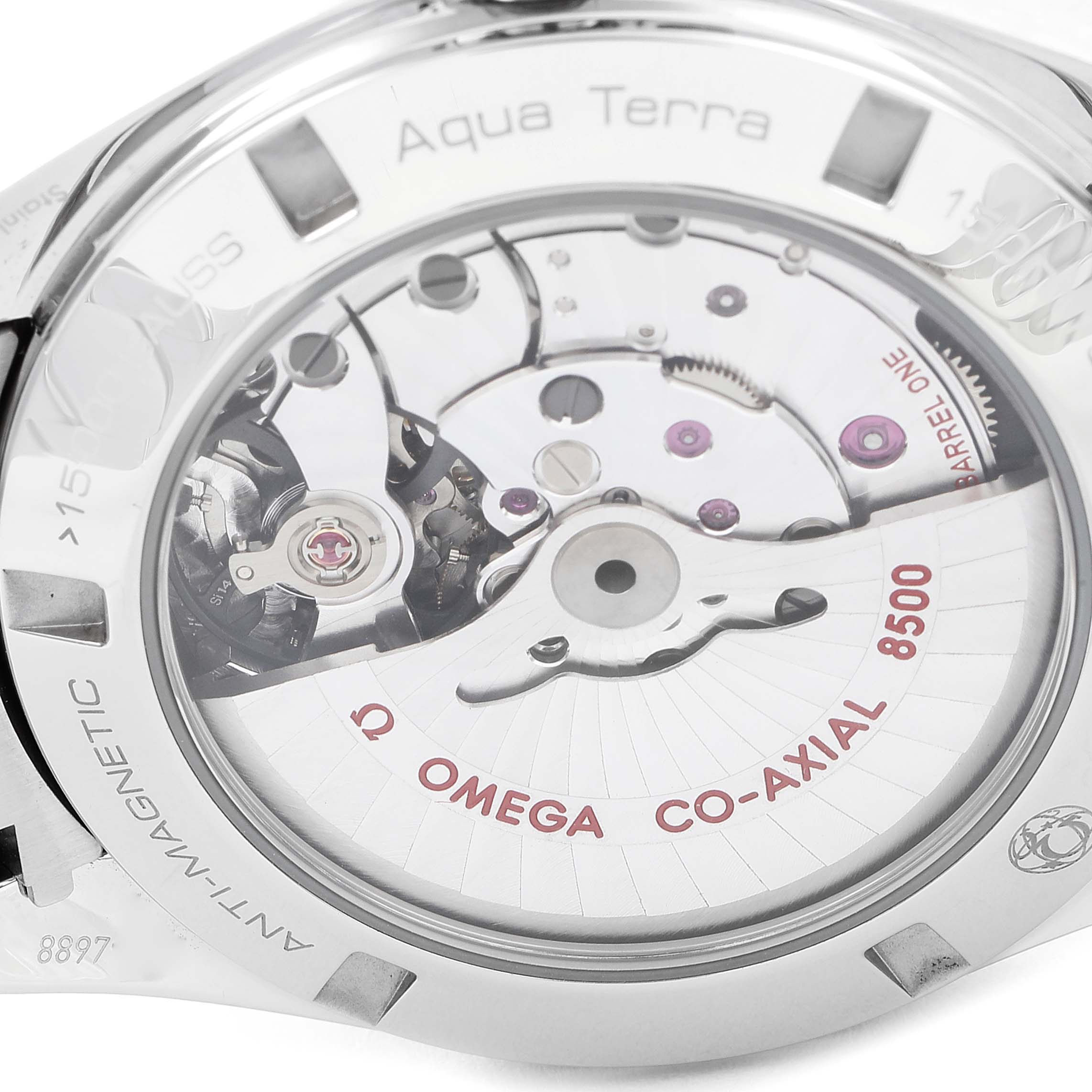 This image shows the back view of the Omega Aqua Terra 231.10.42.21.01.004 Men's Stainless Steel Black Dial 231.10.42.21.01.004 Men's Stainless Steel Black Dial watch, highlighting its Co-Axial 8500 movement.