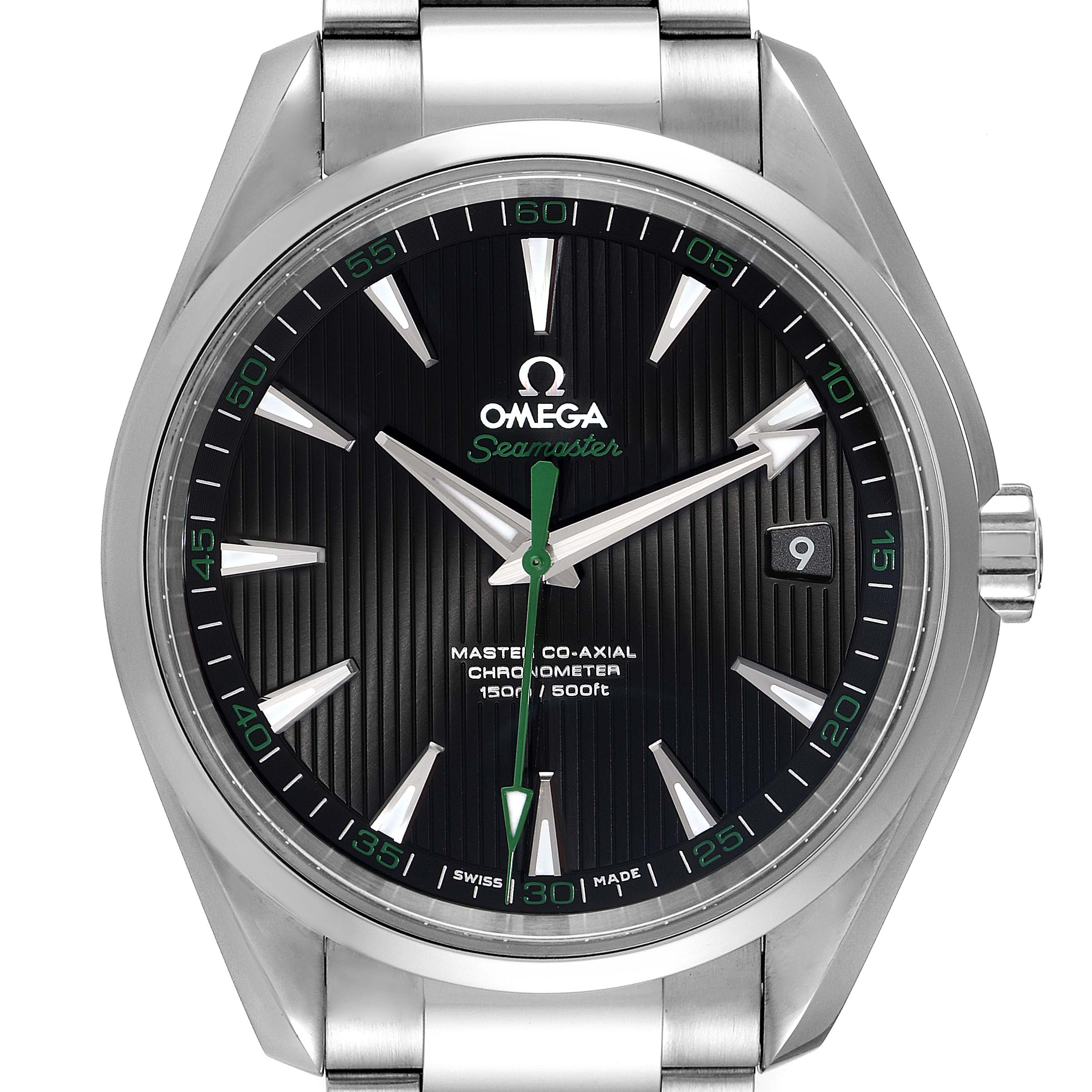 The image shows a frontal view of the Omega Seamaster Aqua Terra watch, highlighting its dial and stainless steel bracelet.