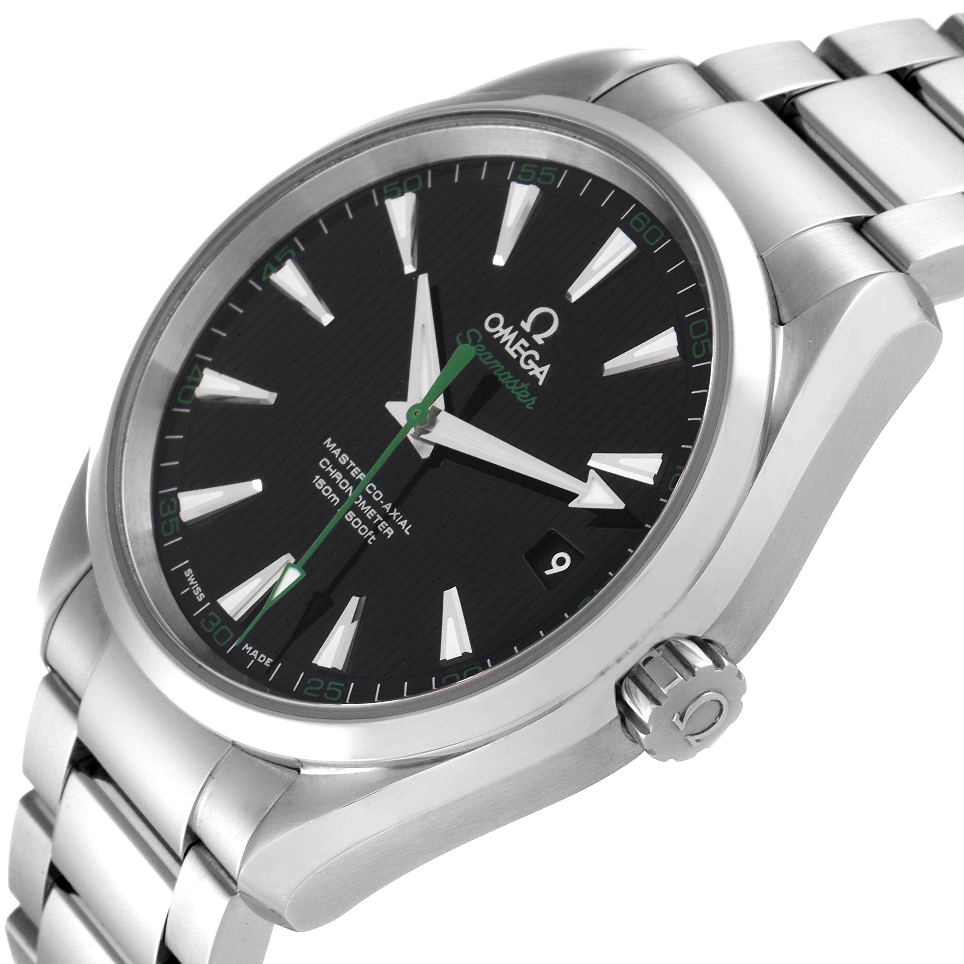 The Omega Aqua Terra 231.10.42.21.01.004 Men's Stainless Steel Black Dial 231.10.42.21.01.004 Men's Stainless Steel Black Dial watch is shown at an angled top view, displaying its bracelet and black dial with green accents.