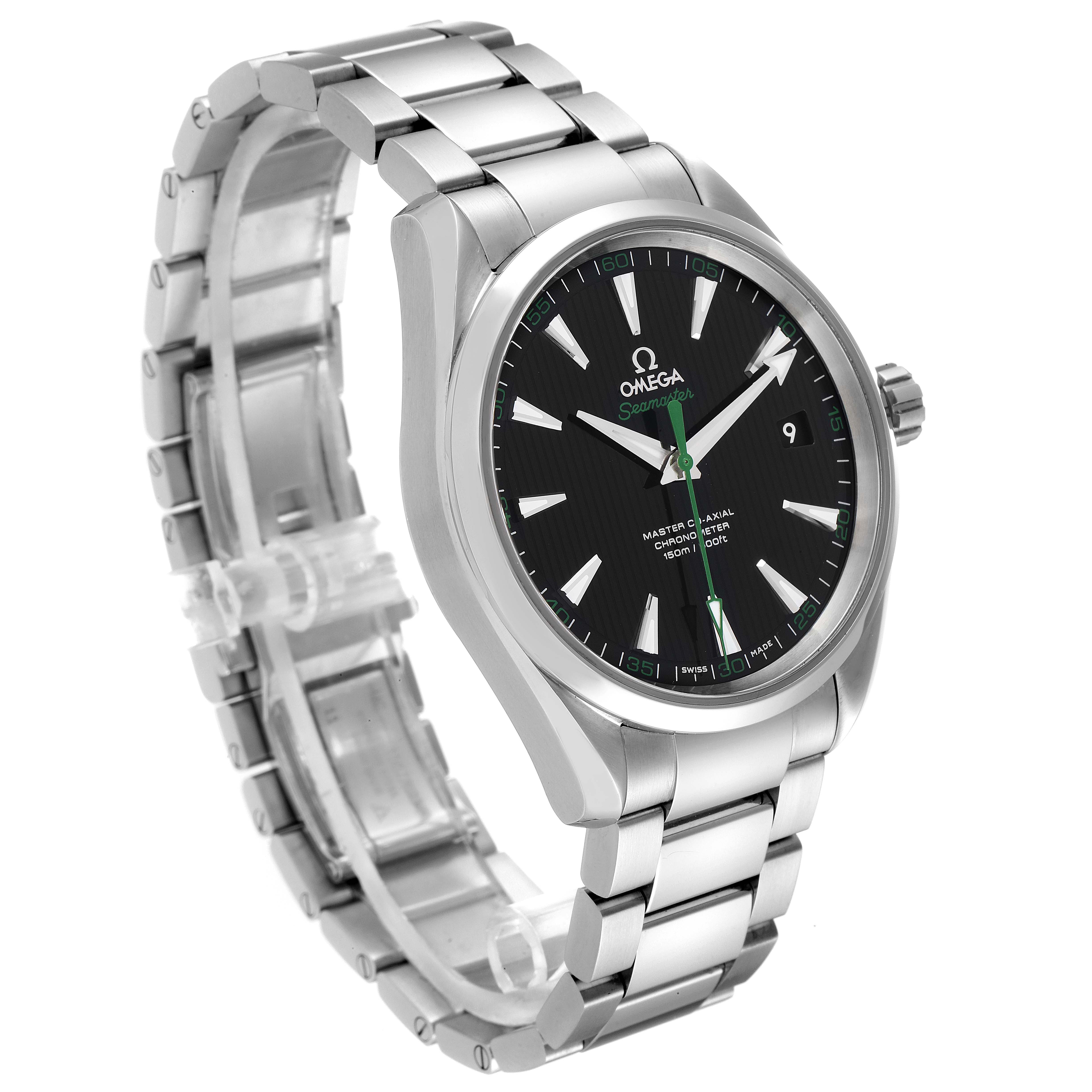 The image shows an Omega Seamaster Aqua Terra watch at a three-quarter angle, highlighting the face, bezel, crown, and metal bracelet.