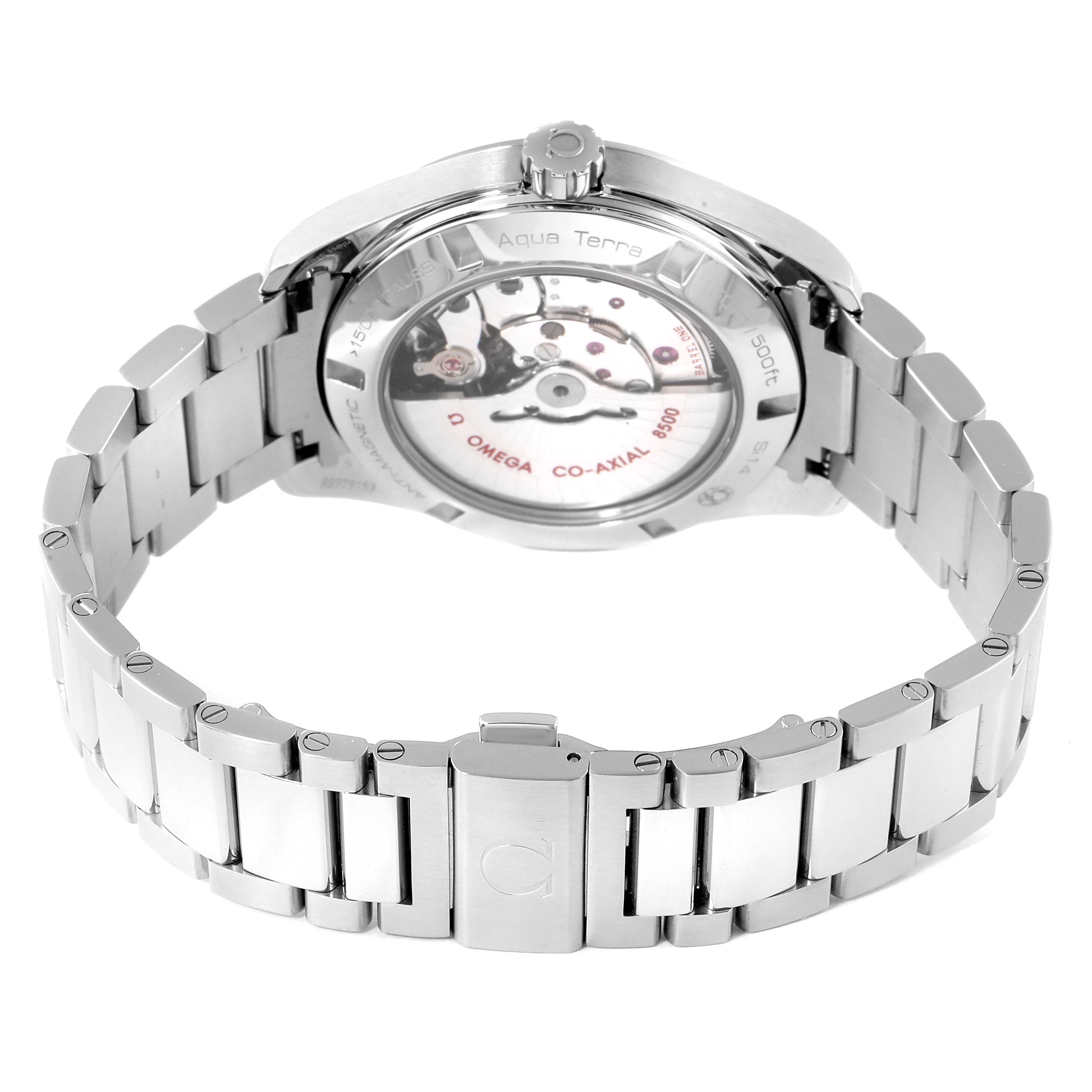 This image shows the back side of an Omega Aqua Terra 231.10.42.21.01.004 Men's Stainless Steel Black Dial 231.10.42.21.01.004 Men's Stainless Steel Black Dial watch, highlighting its exposed movement and stainless steel bracelet.