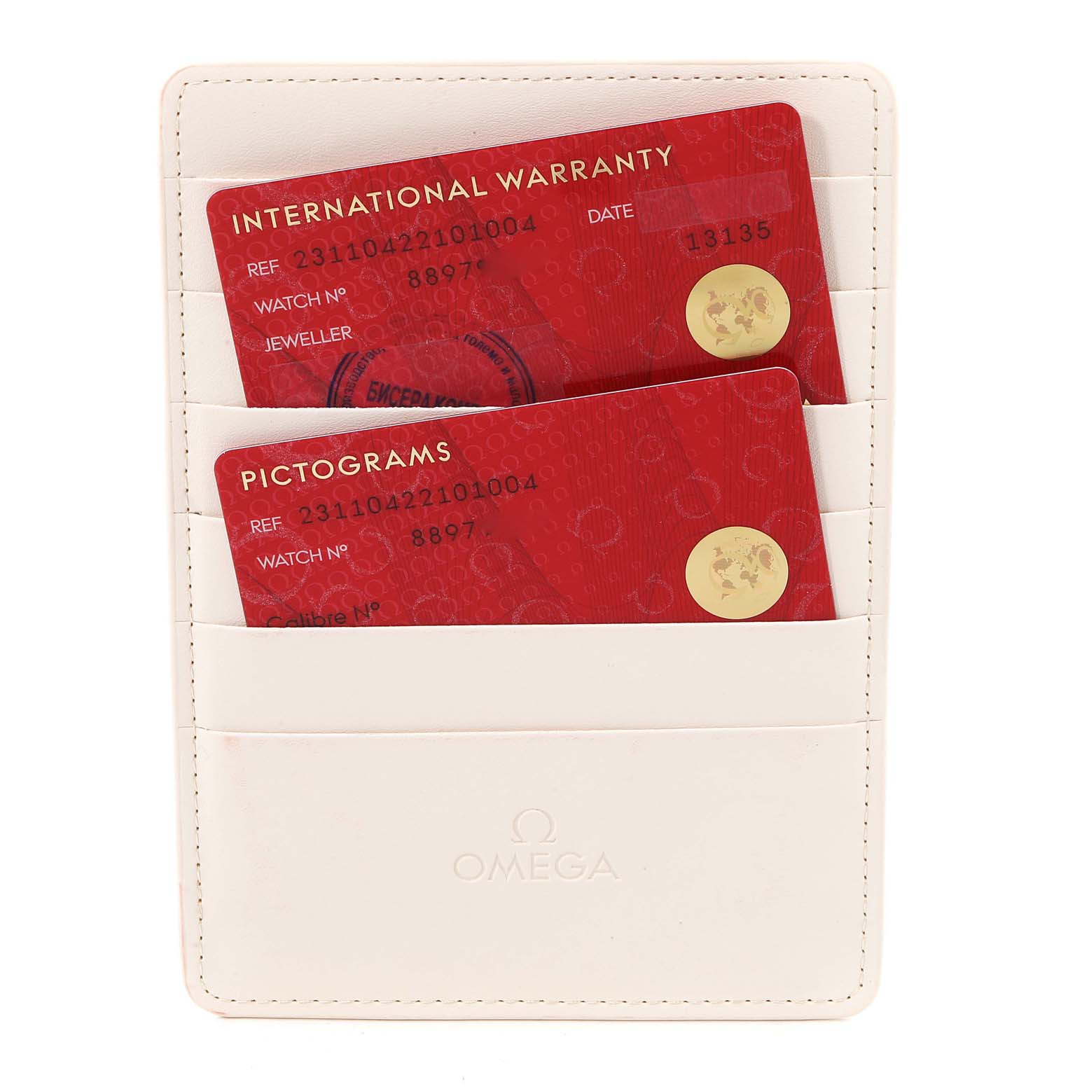 The image shows the warranty and pictogram cards for an Omega Aqua Terra 231.10.42.21.01.004 Men's Stainless Steel Black Dial 231.10.42.21.01.004 Men's Stainless Steel Black Dial watch, displayed in a white cardholder.