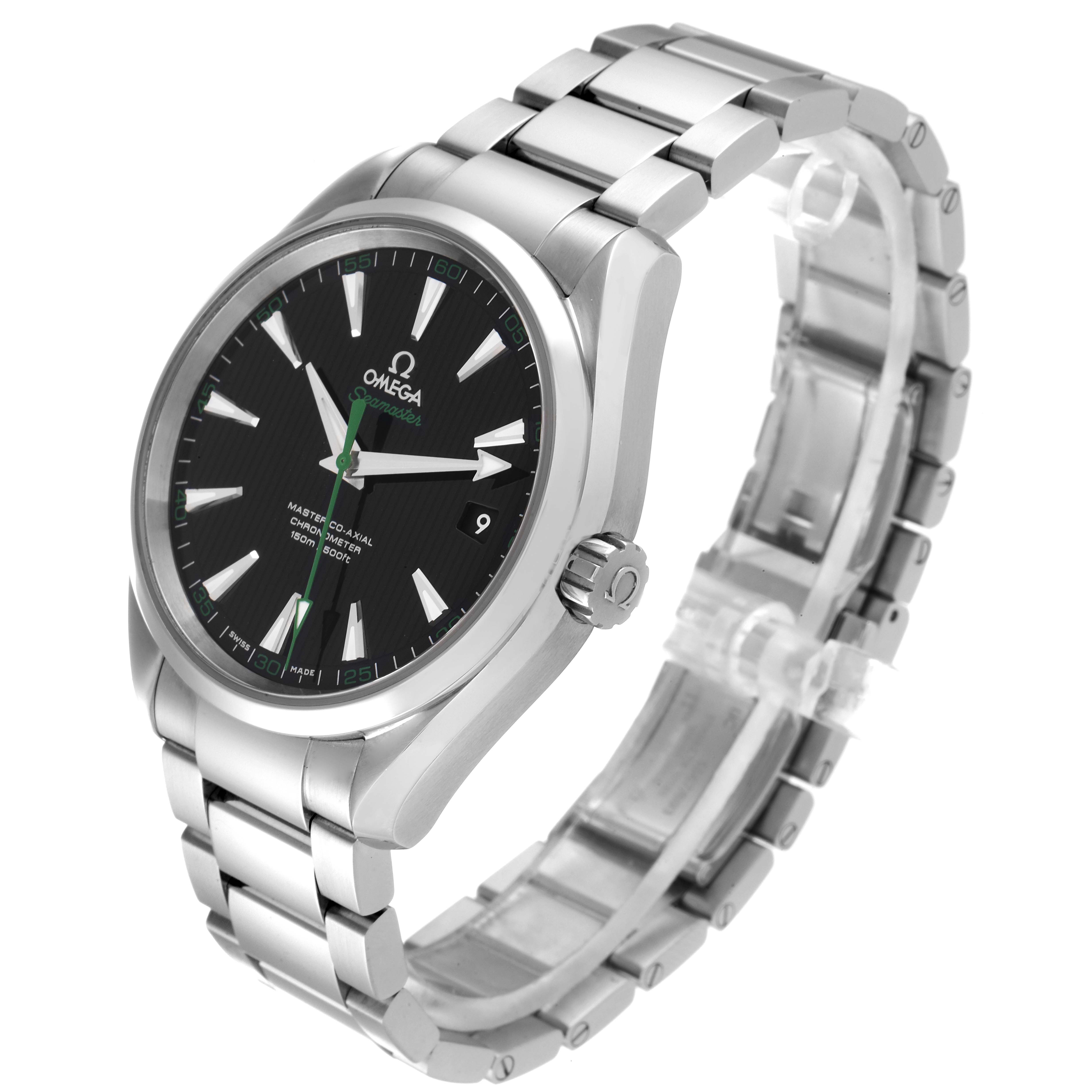 The Omega Aqua Terra 231.10.42.21.01.004 Men's Stainless Steel Black Dial 231.10.42.21.01.004 Men's Stainless Steel Black Dial watch is shown at a three-quarter angle, displaying the face, bezel, crown, and part of the bracelet.