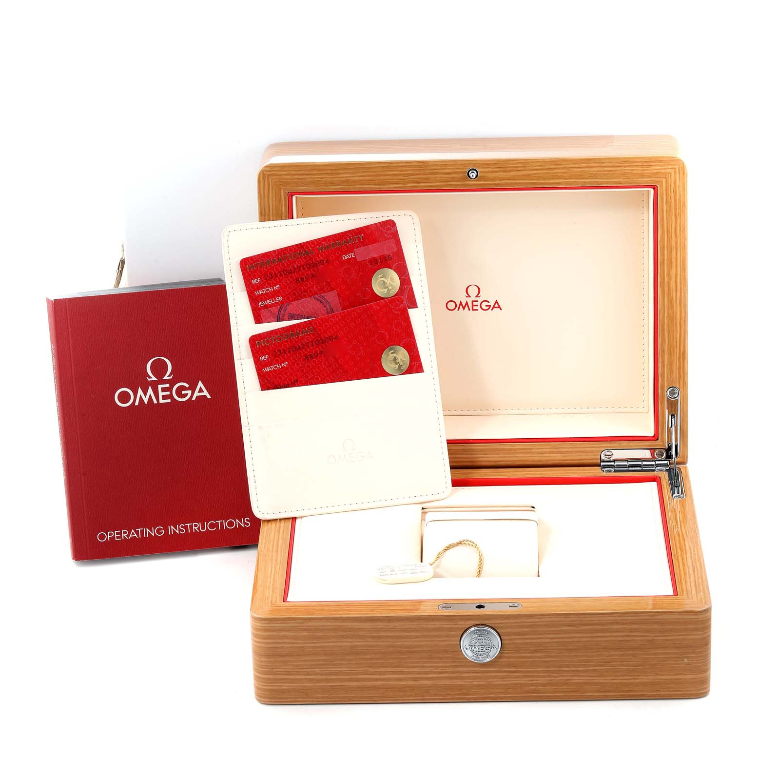 The image shows the open box, cards, and manual of the Omega Aqua Terra 231.10.42.21.01.004 Men's Stainless Steel Black Dial 231.10.42.21.01.004 Men's Stainless Steel Black Dial model from a frontal angle.