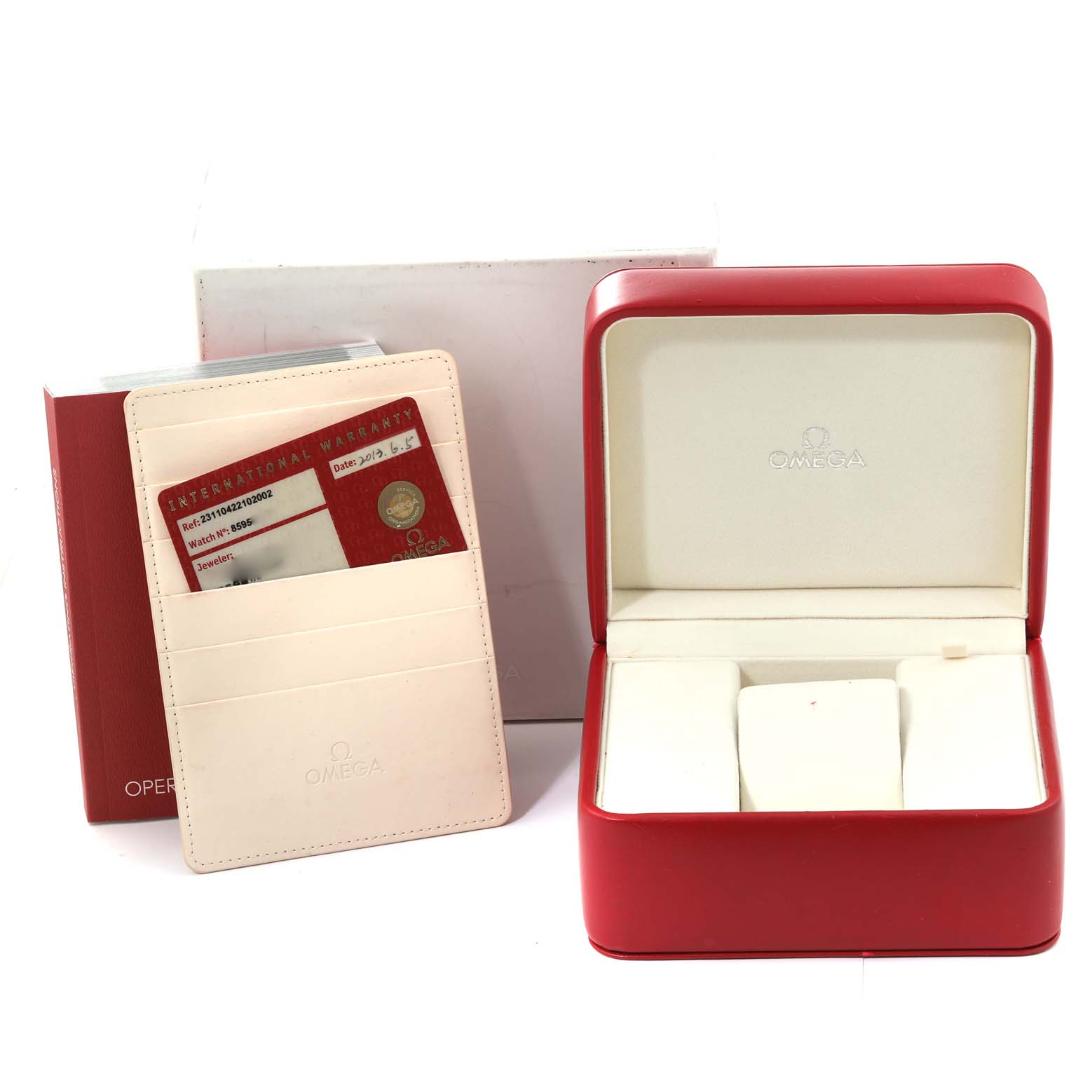 The image shows the Omega Aqua Terra 231.10.42.21.02.002 Men's Stainless Steel Silver Dial 231.10.42.21.02.002 Men's Stainless Steel Silver Dial watch box, warranty cards, and operating manual from an angle displaying their fronts.