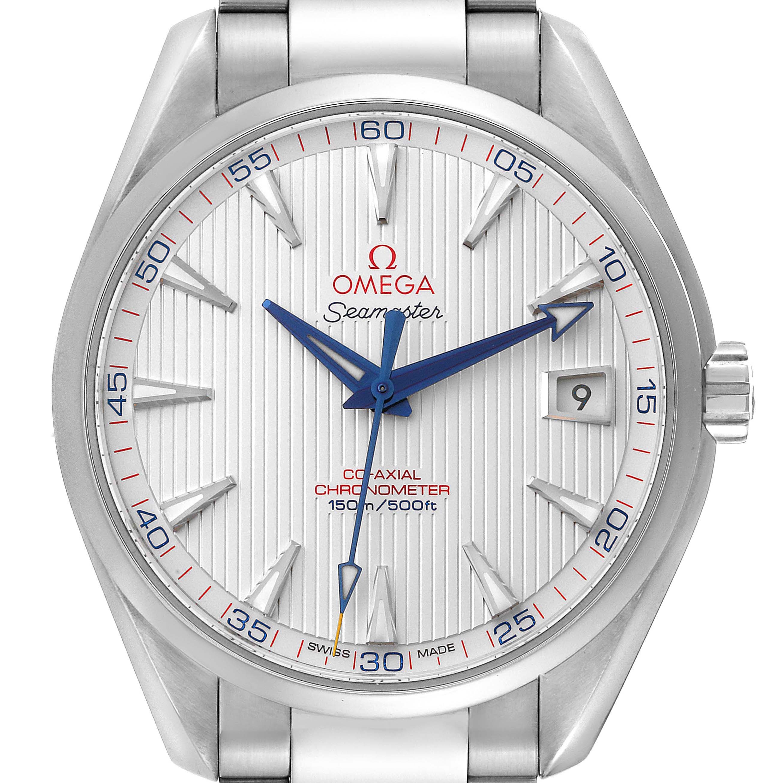 The image shows a front view of the Omega Aqua Terra 231.10.42.21.02.002 Men's Stainless Steel Silver Dial 231.10.42.21.02.002 Men's Stainless Steel Silver Dial model watch, highlighting its face, hands, and bracelet attachment points.