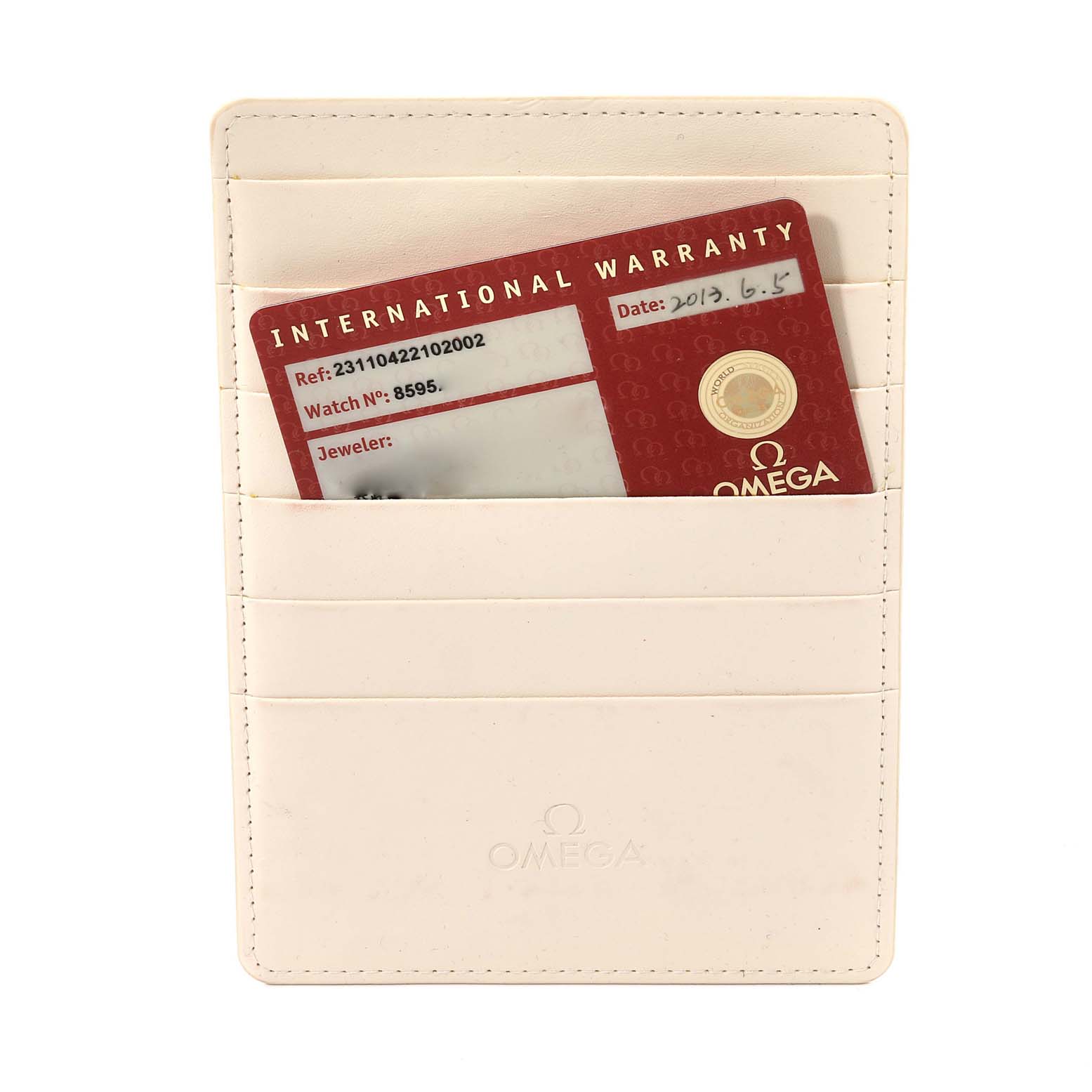 The image shows an Omega Aqua Terra 231.10.42.21.02.002 Men's Stainless Steel Silver Dial 231.10.42.21.02.002 Men's Stainless Steel Silver Dial model's International Warranty card in a white cardholder.