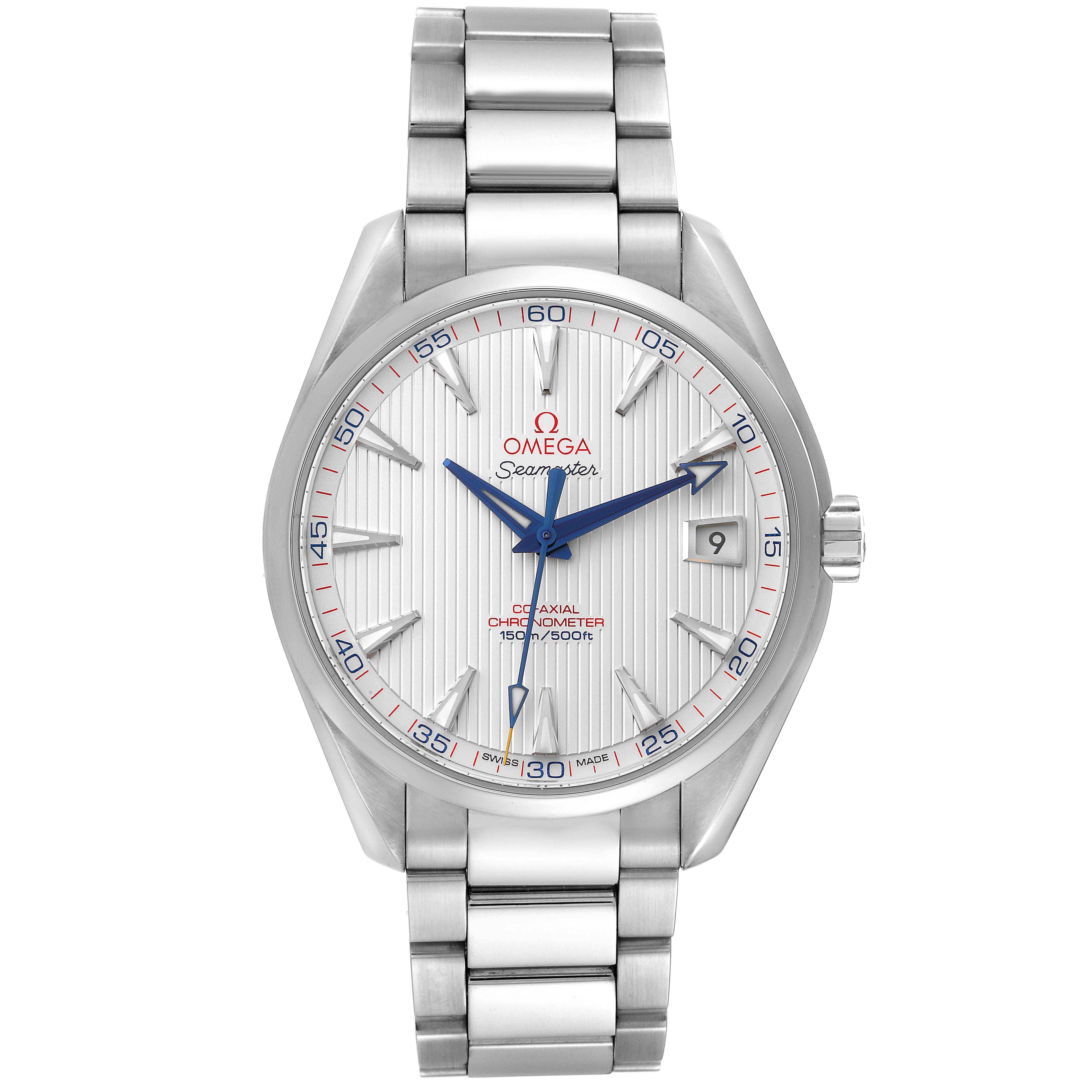 The image shows a front view of an Omega Aqua Terra 231.10.42.21.02.002 Men's Stainless Steel Silver Dial 231.10.42.21.02.002 Men's Stainless Steel Silver Dial watch, displaying the face, hands, bracelet, and date indicator.