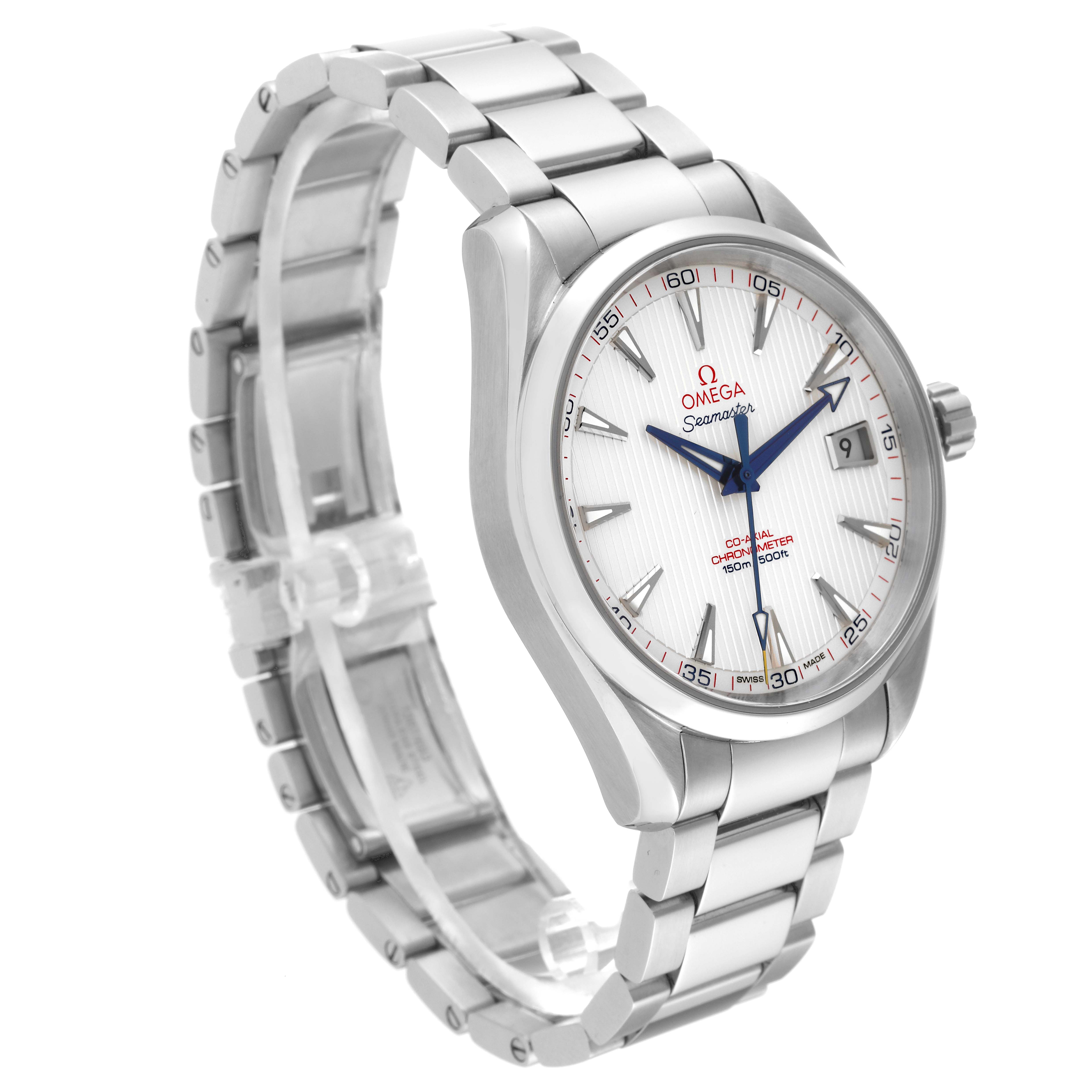 The image shows the Omega Aqua Terra 231.10.42.21.02.002 Men's Stainless Steel Silver Dial 231.10.42.21.02.002 Men's Stainless Steel Silver Dial watch at a three-quarter angle, highlighting its face, bracelet, and crown.