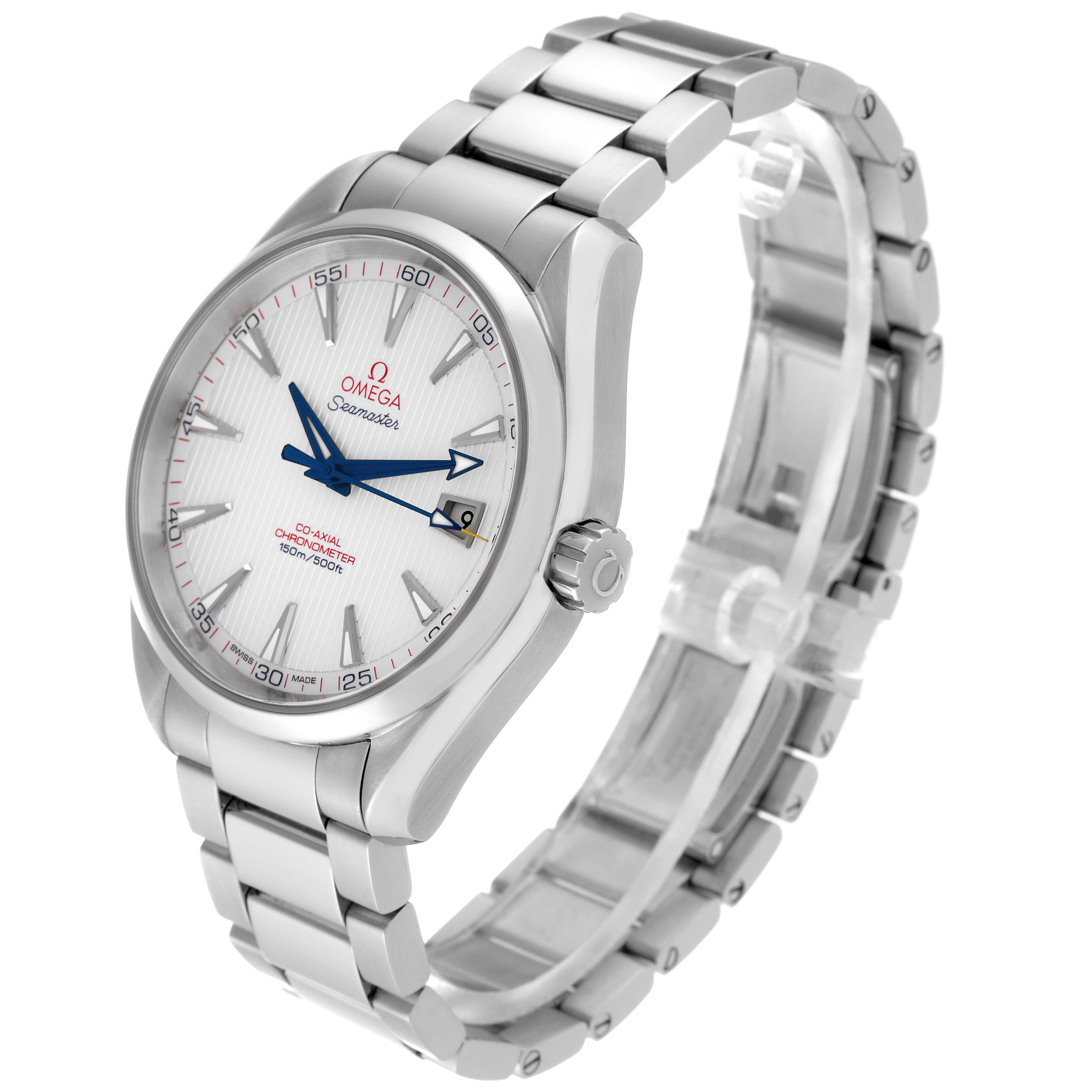 The image shows an angled view of the Omega Aqua Terra 231.10.42.21.02.002 Men's Stainless Steel Silver Dial 231.10.42.21.02.002 Men's Stainless Steel Silver Dial watch, highlighting the face, bezel, crown, and bracelet.