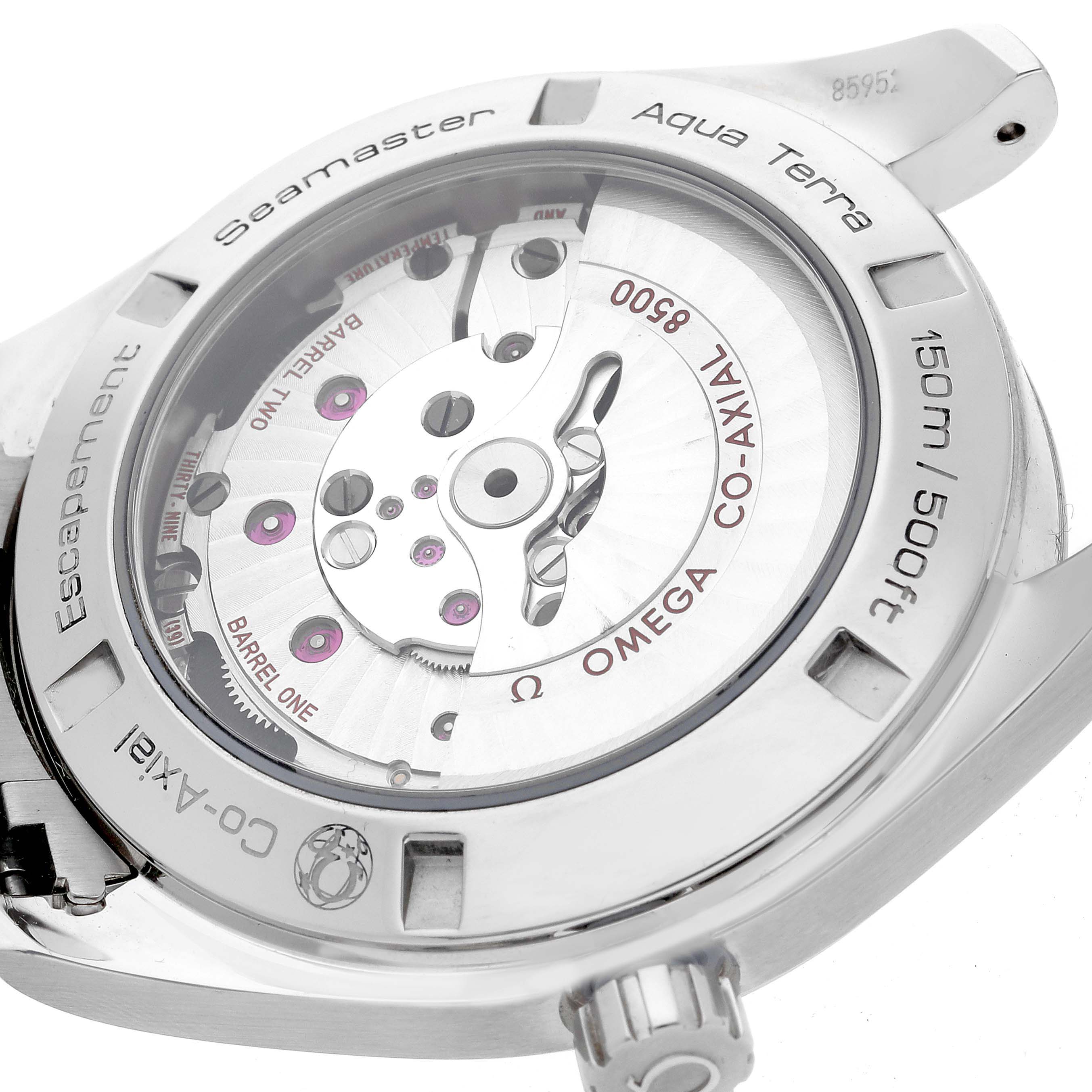 The image shows the back view of an Omega Aqua Terra 231.10.42.21.02.002 Men's Stainless Steel Silver Dial 231.10.42.21.02.002 Men's Stainless Steel Silver Dial Seamaster watch, highlighting the visible mechanical movement.