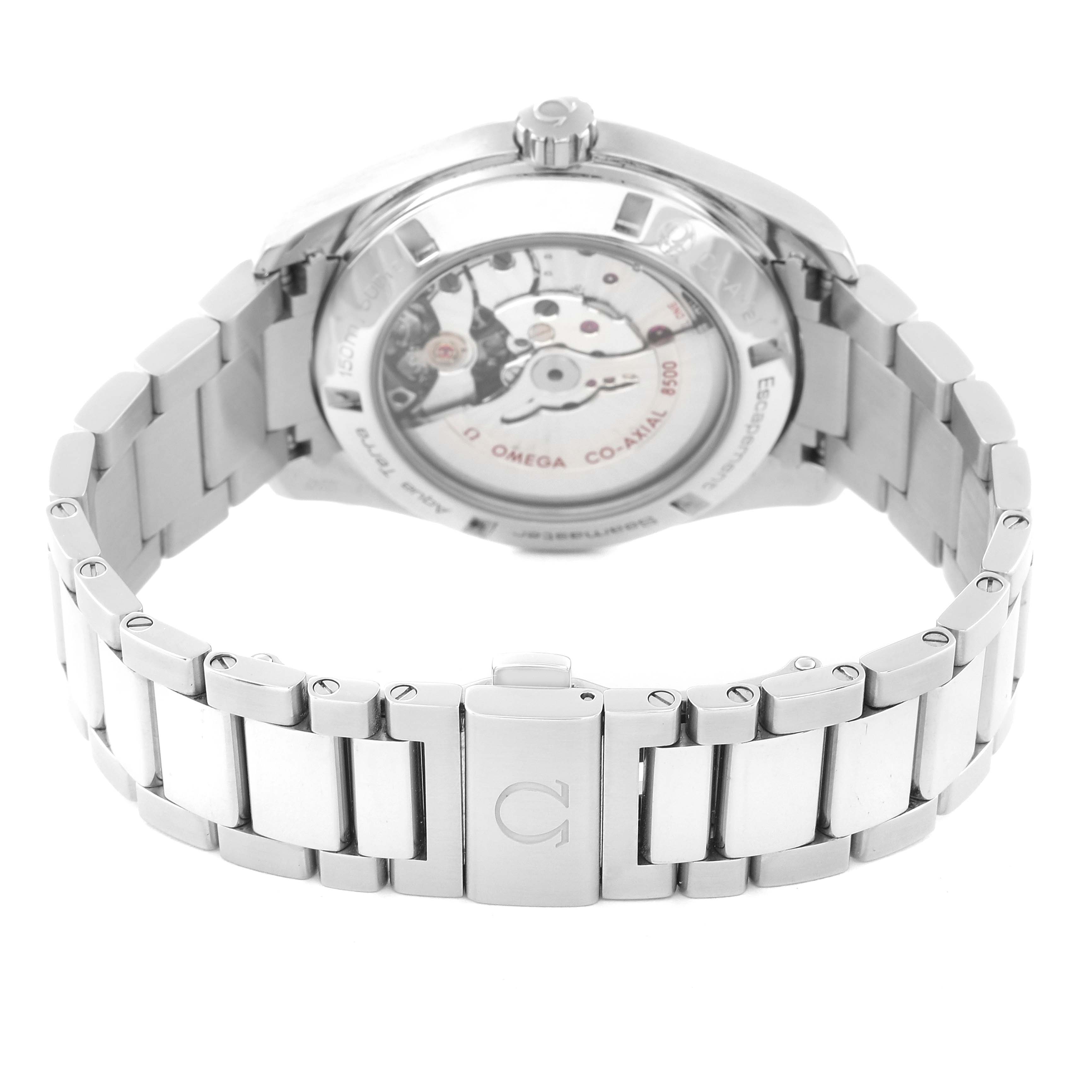 The image shows the back view of the Omega Aqua Terra 231.10.42.21.02.002 Men's Stainless Steel Silver Dial 231.10.42.21.02.002 Men's Stainless Steel Silver Dial watch, highlighting its movement and stainless steel bracelet.