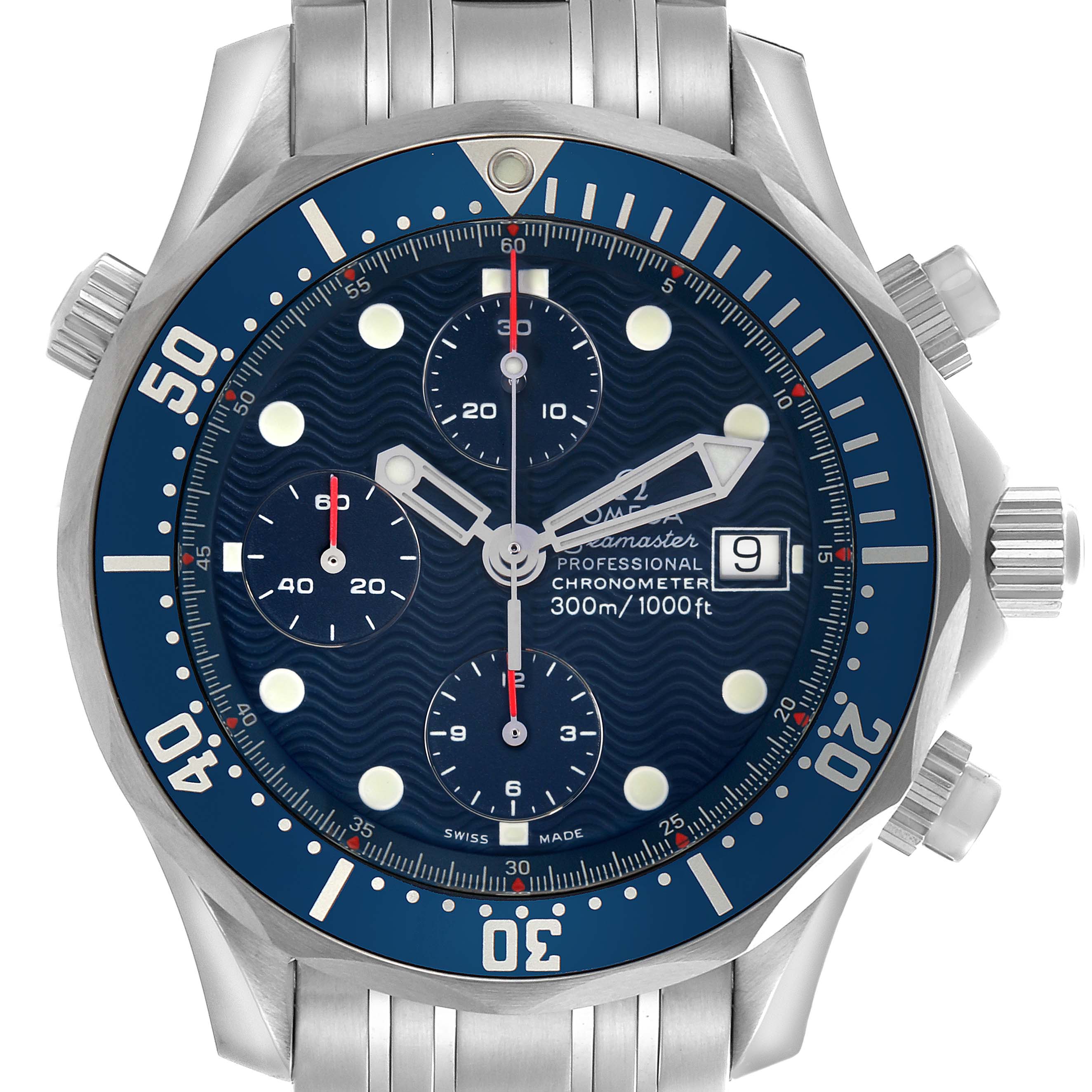 The Omega Seamaster 2599.80.00 Men's Stainless Steel Blue Dial 2599.80.00 Men's Stainless Steel Blue Dial watch is shown from a front angle, displaying its face, bezel, and chronograph dials.