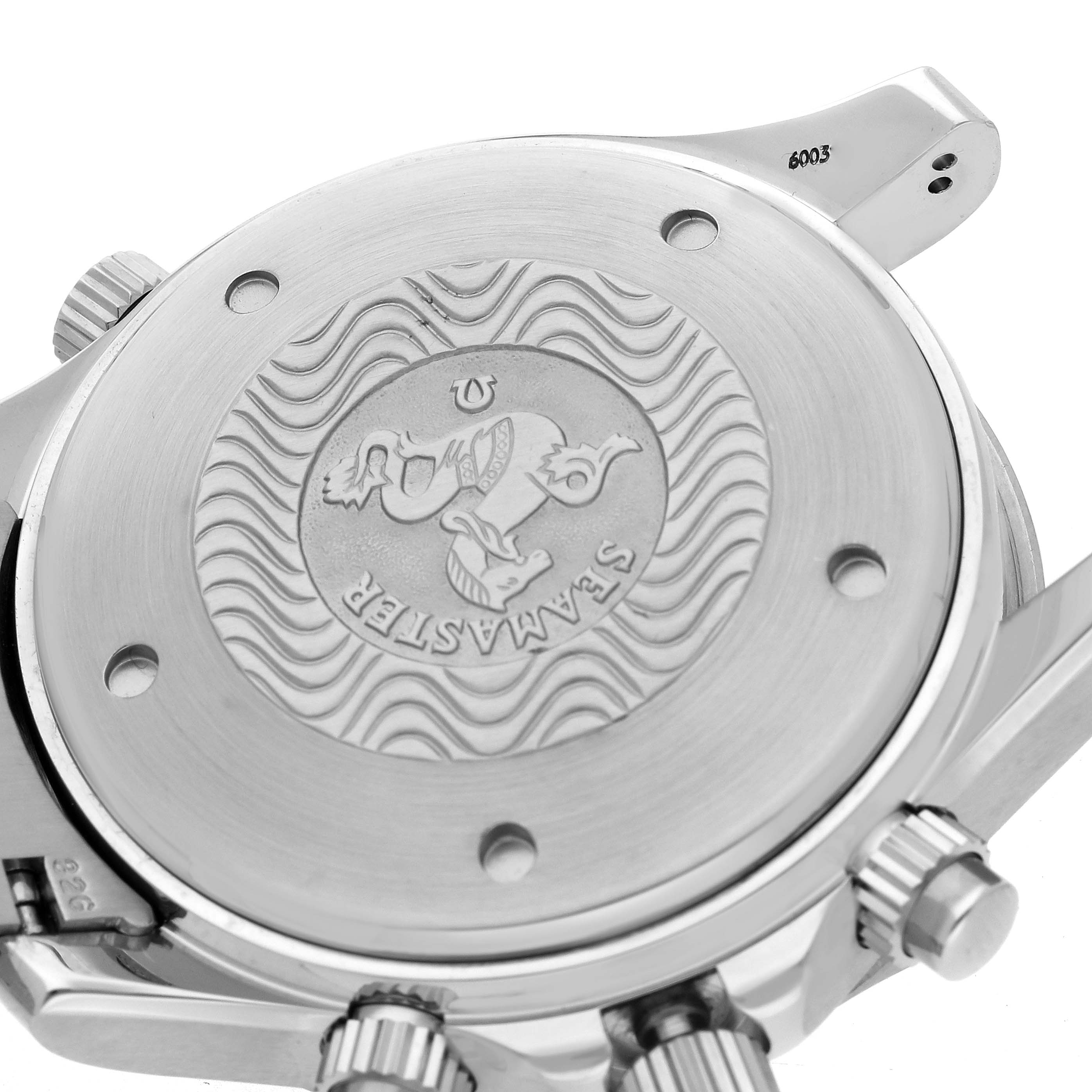 The image shows the back of an Omega Seamaster 2599.80.00 Men's Stainless Steel Blue Dial 2599.80.00 Men's Stainless Steel Blue Dial watch, highlighting the engraved case back and side view of the crown and pushers.