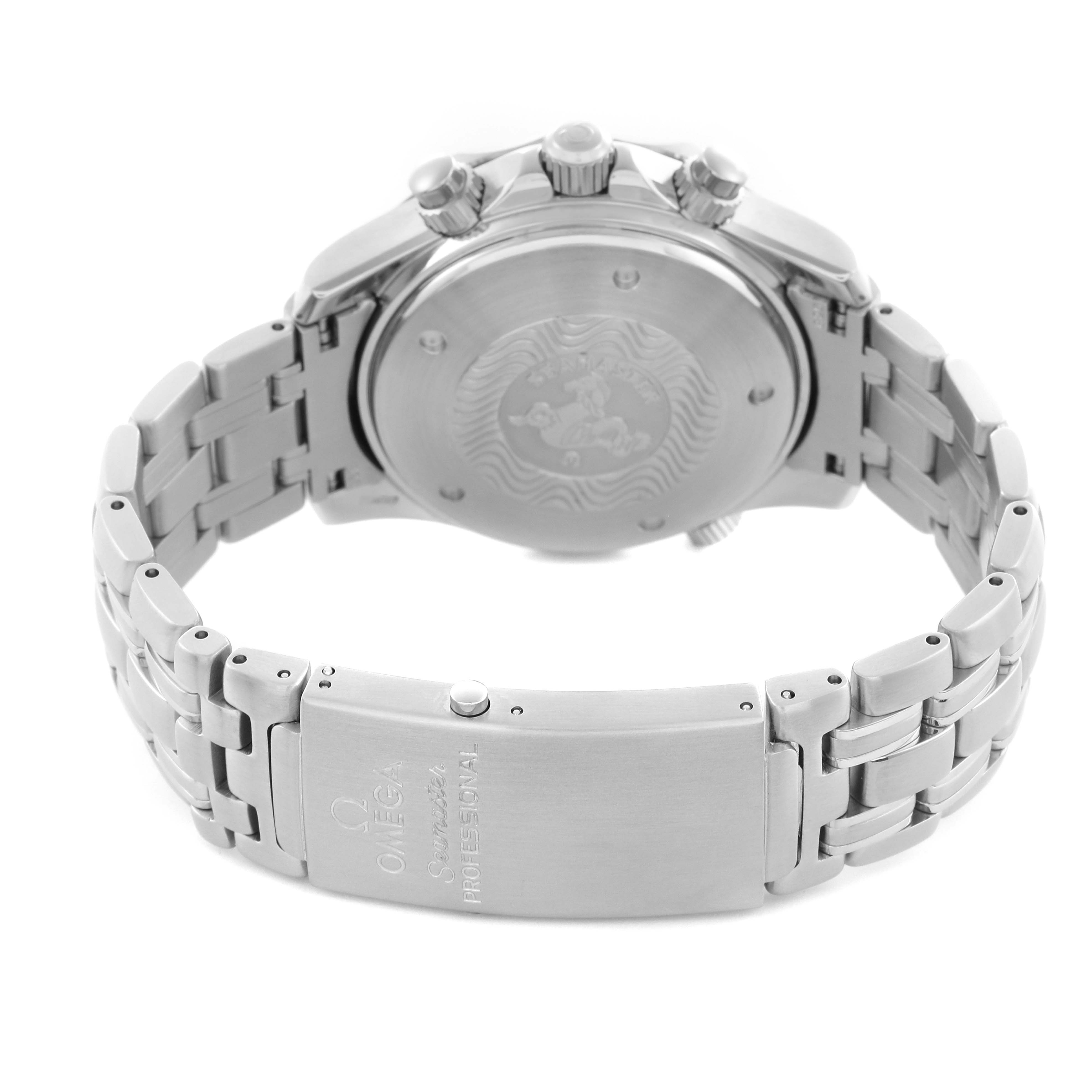 The image shows the back view of the Omega Seamaster 2599.80.00 Men's Stainless Steel Blue Dial 2599.80.00 Men's Stainless Steel Blue Dial, highlighting the case back, bracelet, and clasp.