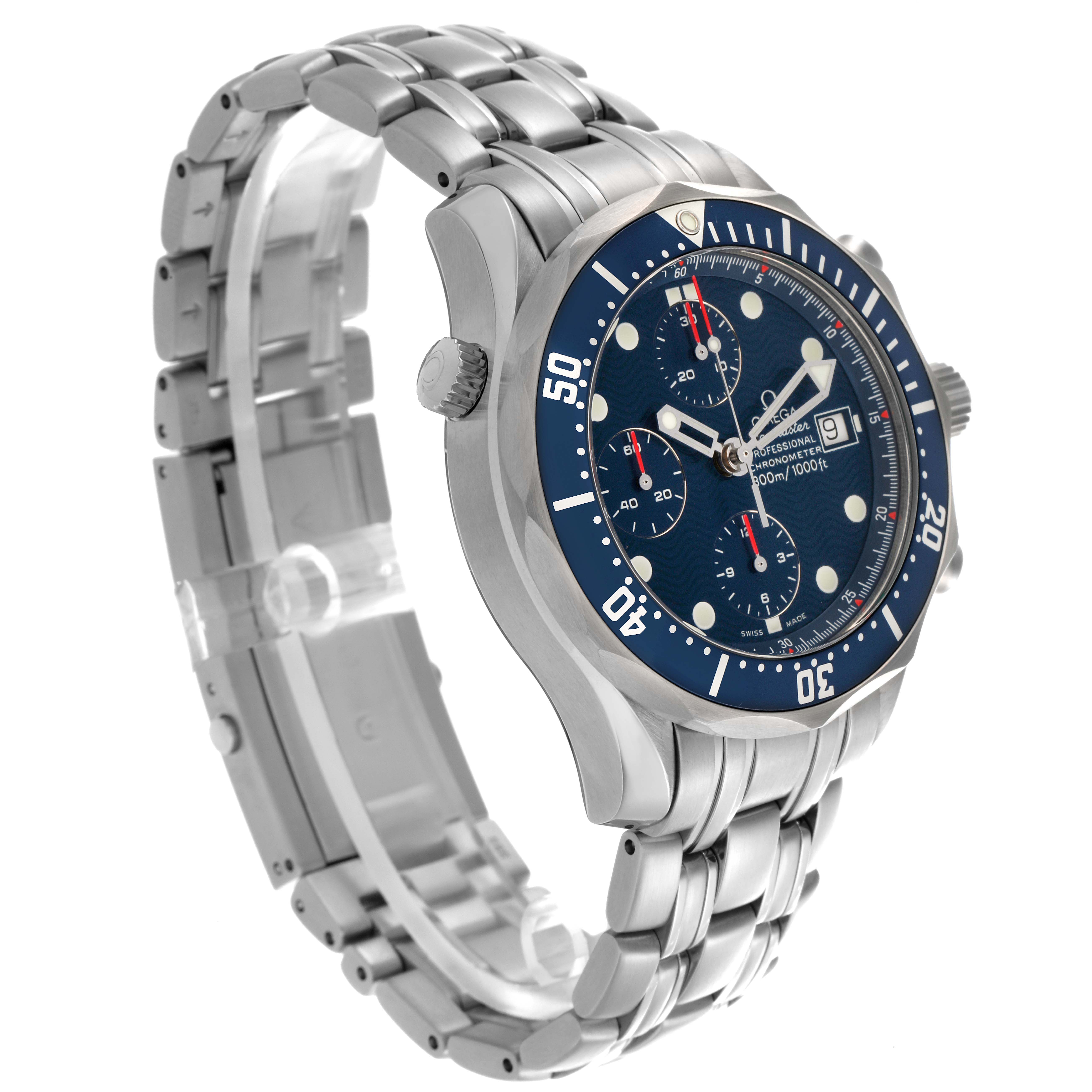 The Omega Seamaster 2599.80.00 Men's Stainless Steel Blue Dial 2599.80.00 Men's Stainless Steel Blue Dial watch is shown from a side angle, highlighting the bracelet, blue bezel, and dial details including sub-dials and date.