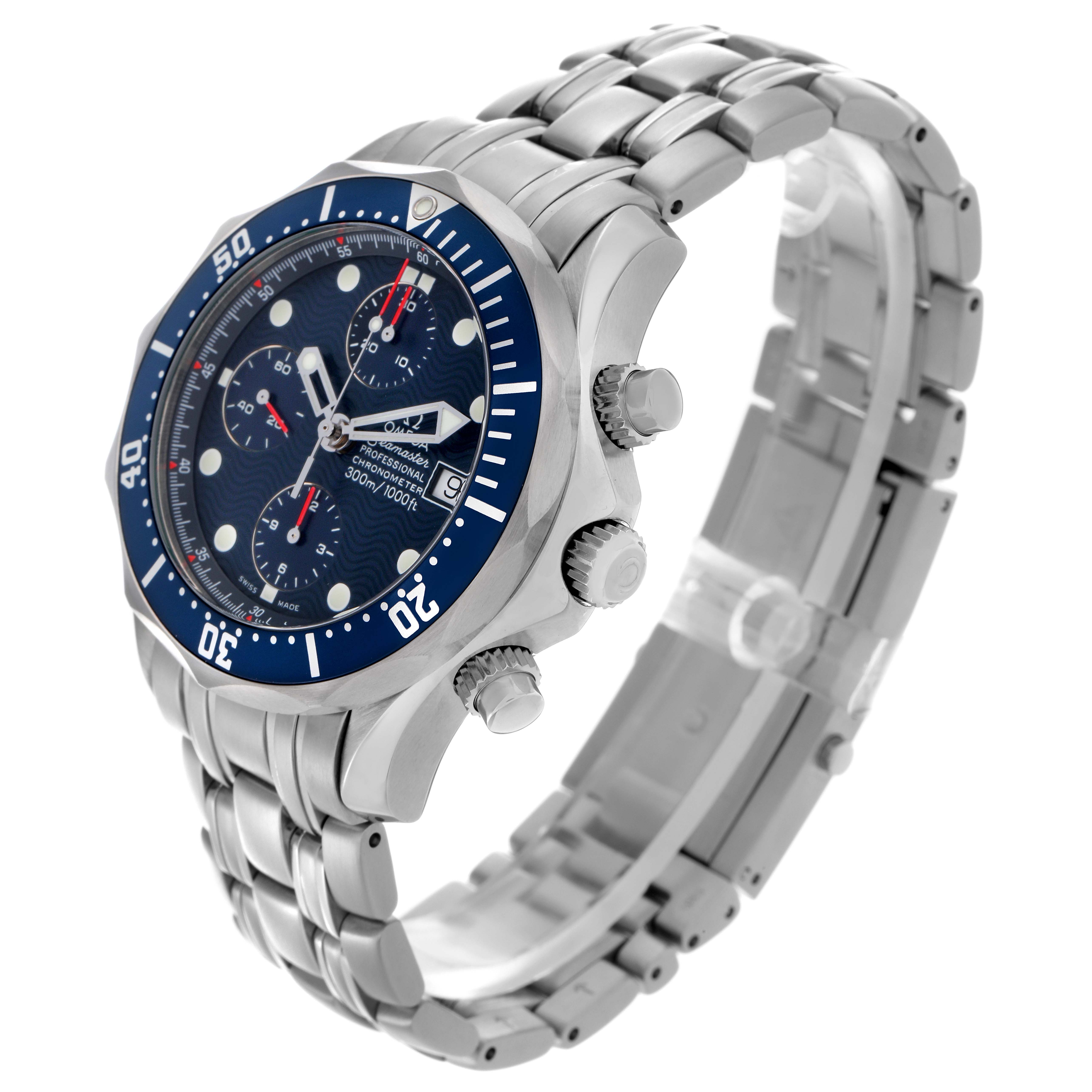 The Omega Seamaster 2599.80.00 Men's Stainless Steel Blue Dial 2599.80.00 Men's Stainless Steel Blue Dial watch is shown at a three-quarter angle, displaying its bezel, face, bracelet, and pushers.