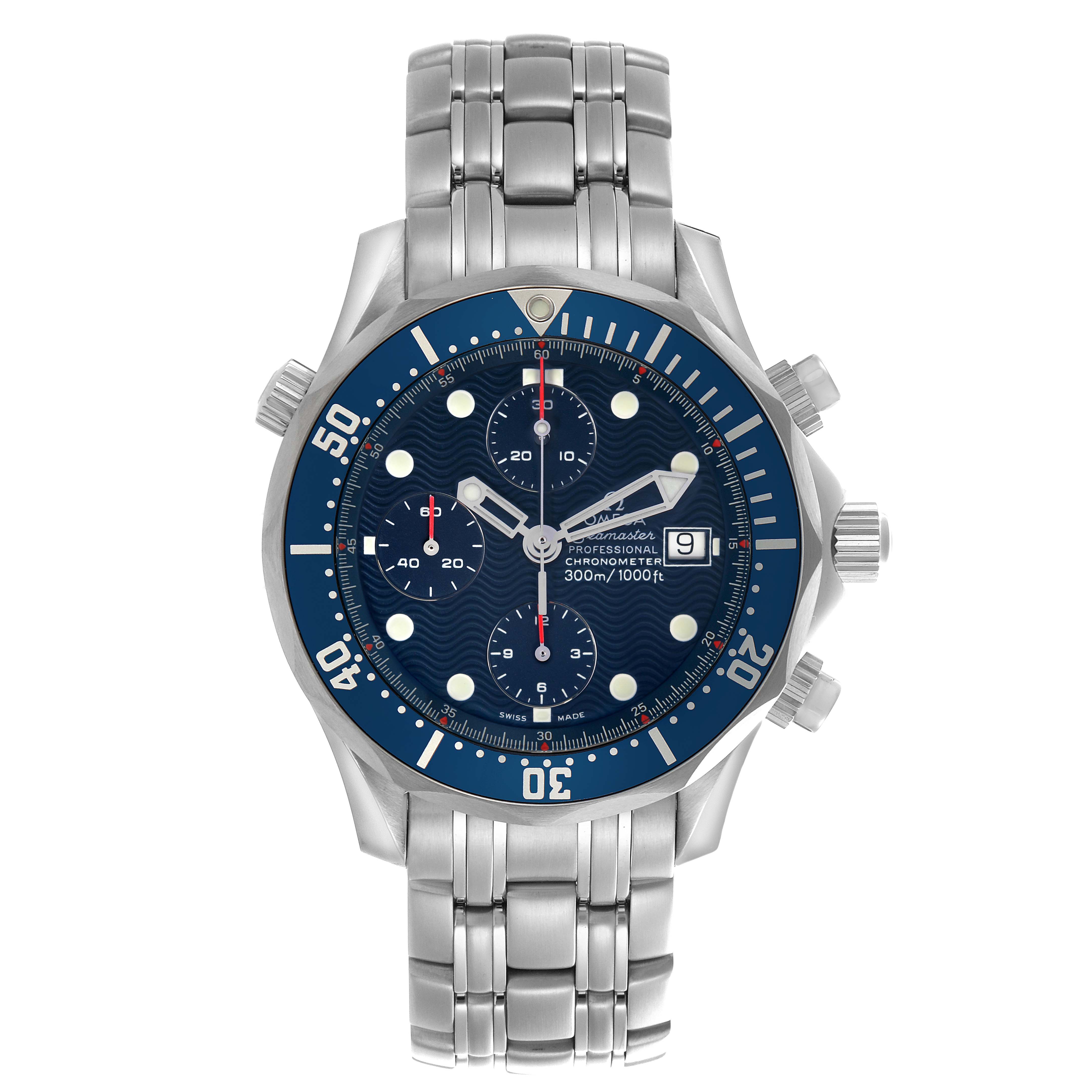 The Omega Seamaster 2599.80.00 Men's Stainless Steel Blue Dial 2599.80.00 Men's Stainless Steel Blue Dial watch is shown from a front angle, displaying the face, bezel, dial, and bracelet clearly.