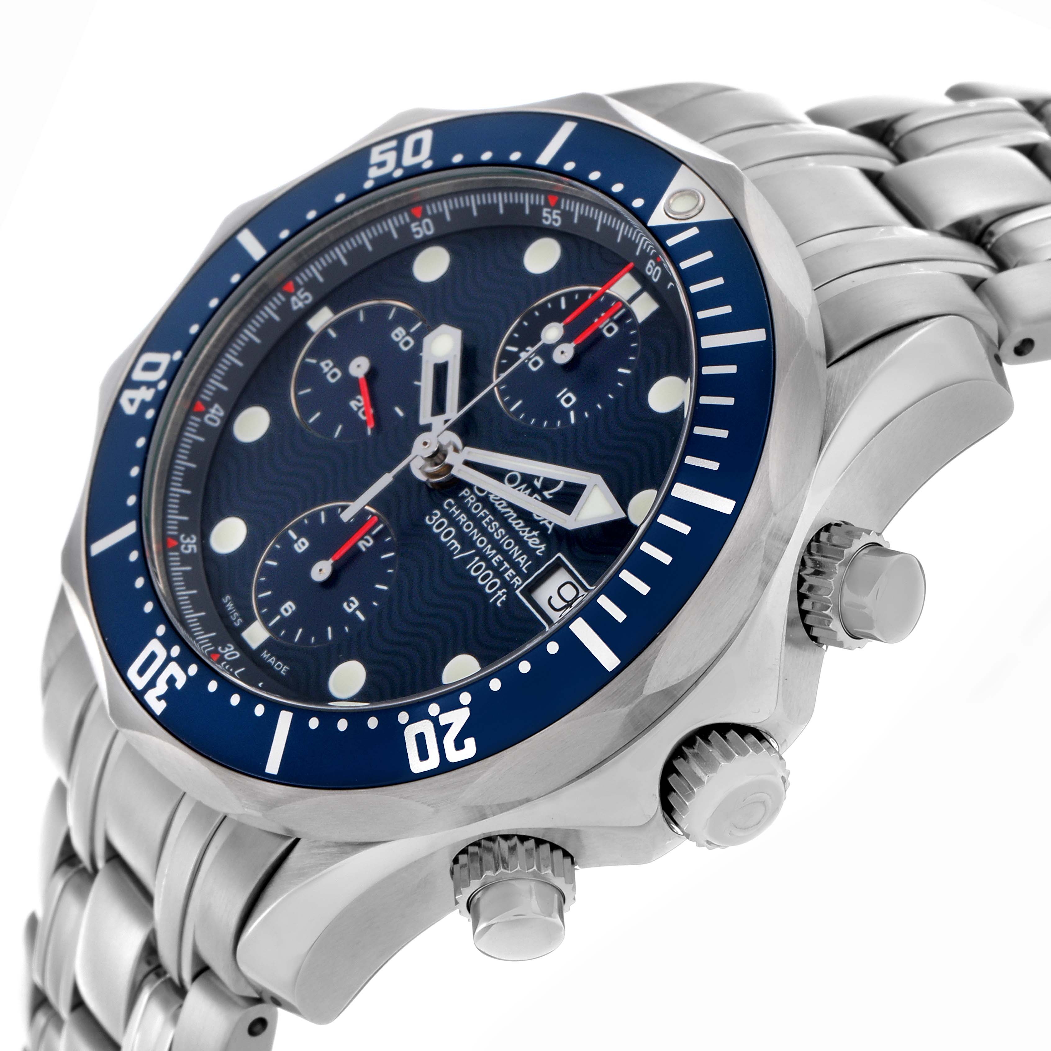 The Omega Seamaster 2599.80.00 Men's Stainless Steel Blue Dial 2599.80.00 Men's Stainless Steel Blue Dial watch is shown at a slight side angle, highlighting the bezel, face, crown, pushers, and metal bracelet.