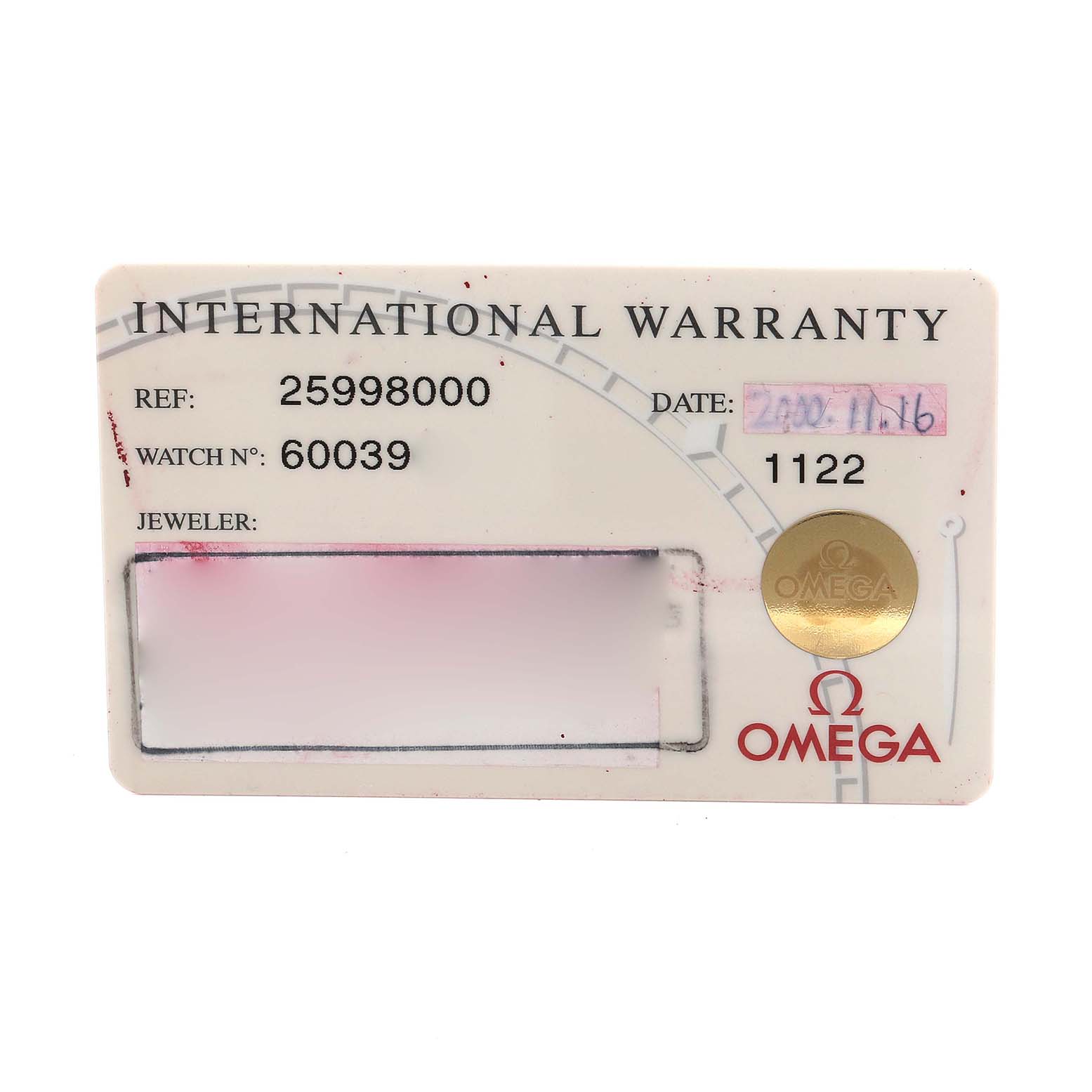 This image shows the international warranty card for an Omega Seamaster 2599.80.00 Men's Stainless Steel Blue Dial 2599.80.00 Men's Stainless Steel Blue Dial watch, displaying reference and watch numbers.
