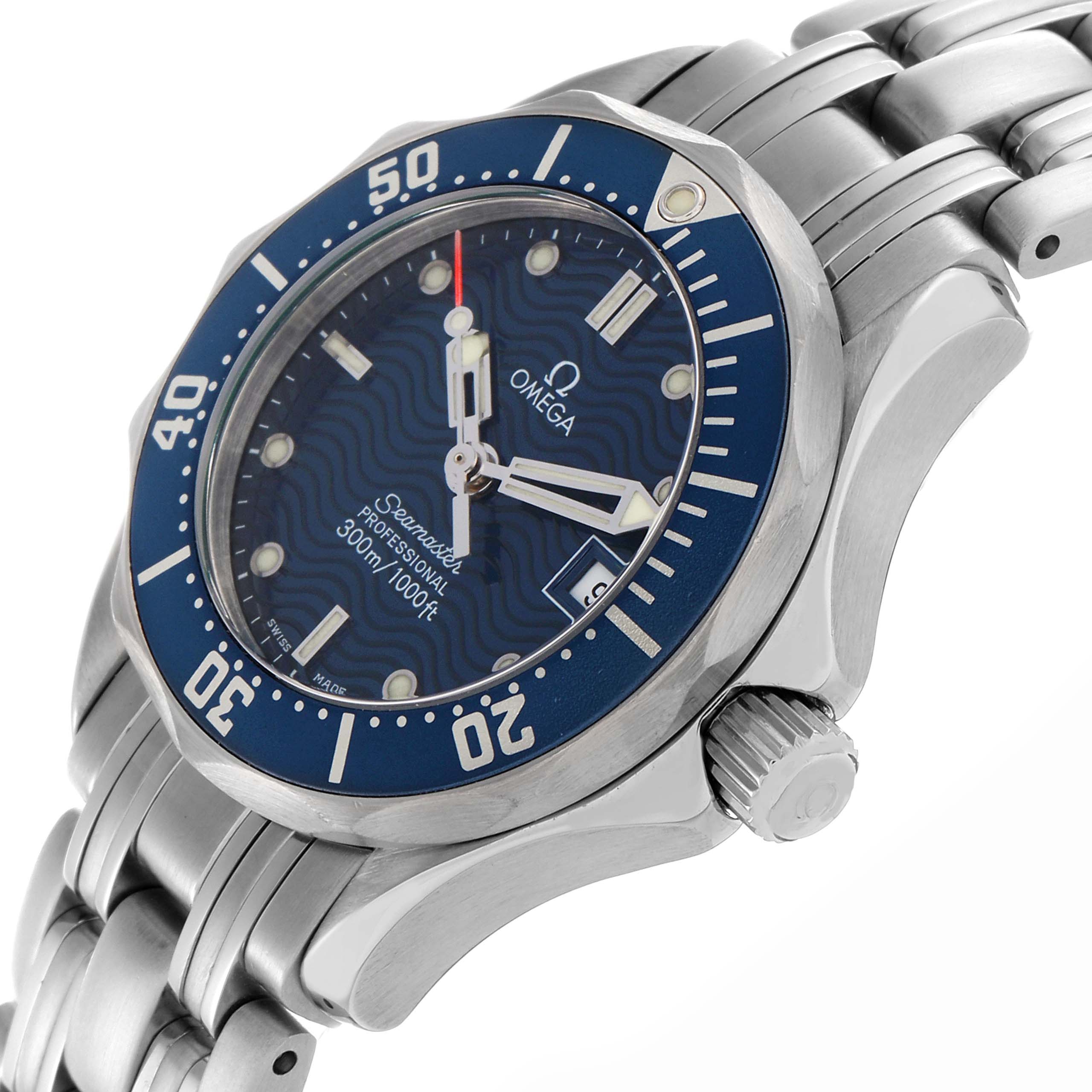 The Omega 2583.80.00 Women's Stainless Steel Blue Dial 2583.80.00 Women's Stainless Steel Blue Dial Seamaster Diver 300M 28mm is shown from a side angle highlighting the bezel, crown, and bracelet.