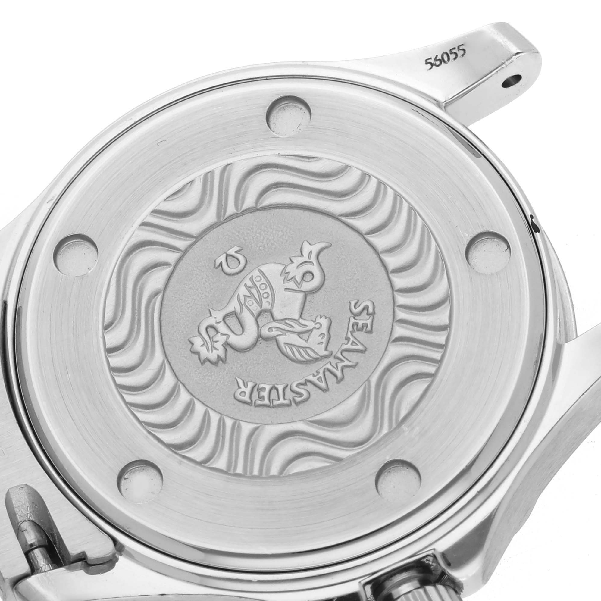 The image shows the case back of the Omega 2583.80.00 Women's Stainless Steel Blue Dial 2583.80.00 Women's Stainless Steel Blue Dial Seamaster Diver 300M 28mm Steel Ladies Watch, model 2583.80.00, with logo engraving.