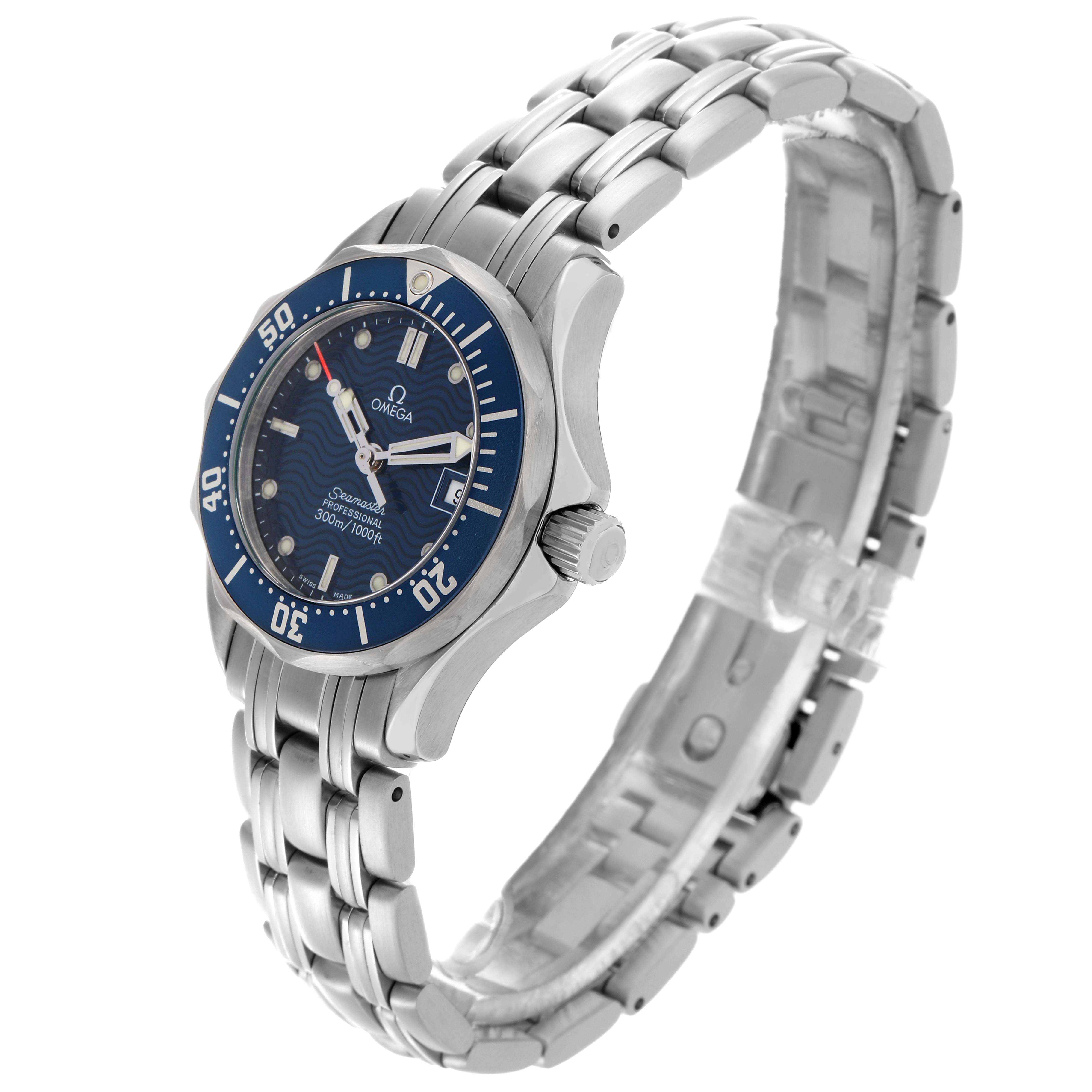 The Omega 2583.80.00 Women's Stainless Steel Blue Dial 2583.80.00 Women's Stainless Steel Blue Dial Seamaster Diver 300M 28mm Steel Ladies Watch is shown at an angled side view, highlighting the bezel, crown, and bracelet.