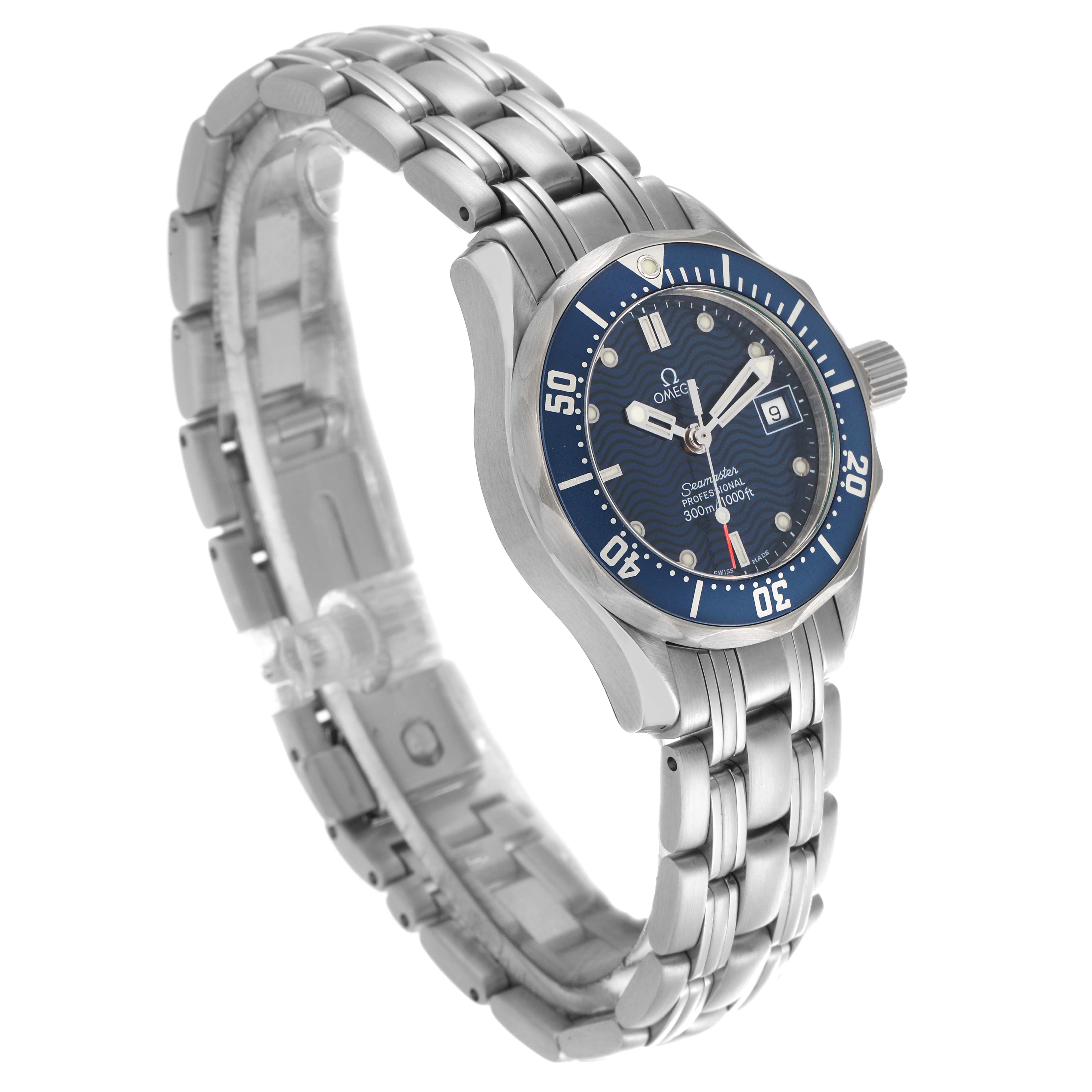 The Omega 2583.80.00 Women's Stainless Steel Blue Dial 2583.80.00 Women's Stainless Steel Blue Dial Seamaster Diver 300M watch is shown at an angle highlighting the dial, bezel, bracelet, and crown.
