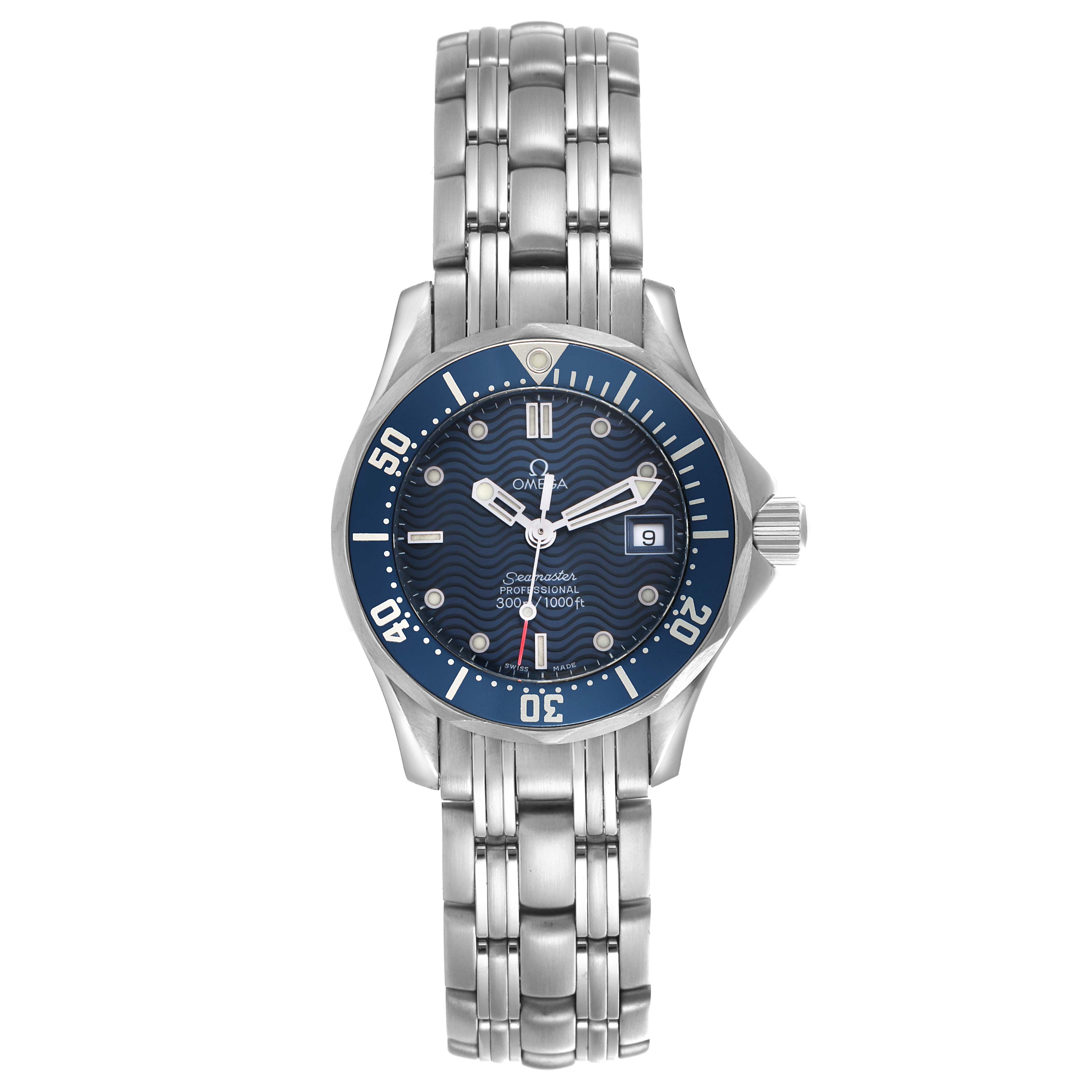 The Omega 2583.80.00 Women's Stainless Steel Blue Dial 2583.80.00 Women's Stainless Steel Blue Dial Seamaster Diver 300M 28mm Steel Ladies Watch is shown from the front, displaying its dial, bezel, and bracelet.