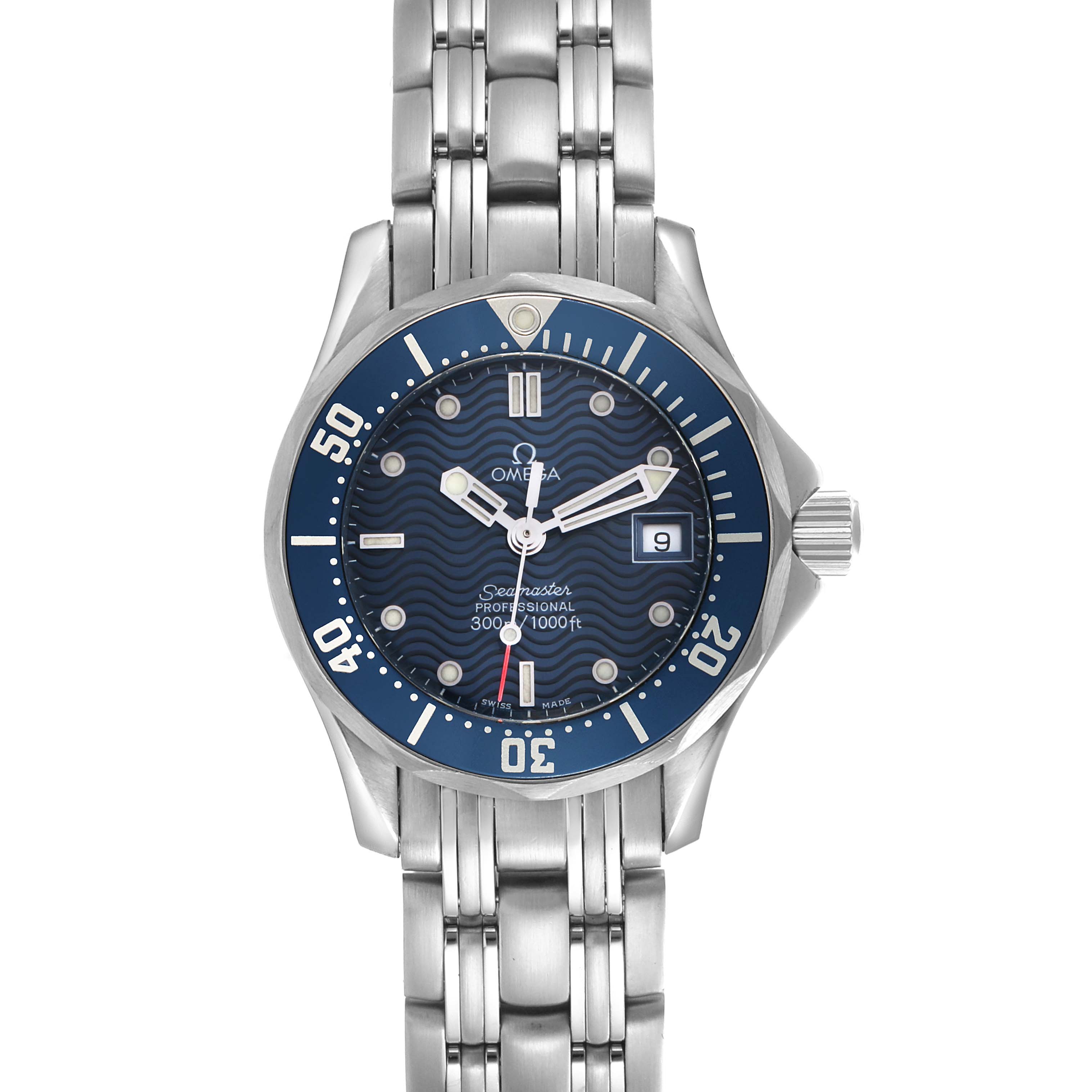 The Omega 2583.80.00 Women's Stainless Steel Blue Dial 2583.80.00 Women's Stainless Steel Blue Dial Seamaster Diver 300M 28mm is shown from a top-down angle, displaying the dial, bezel, and metal bracelet.