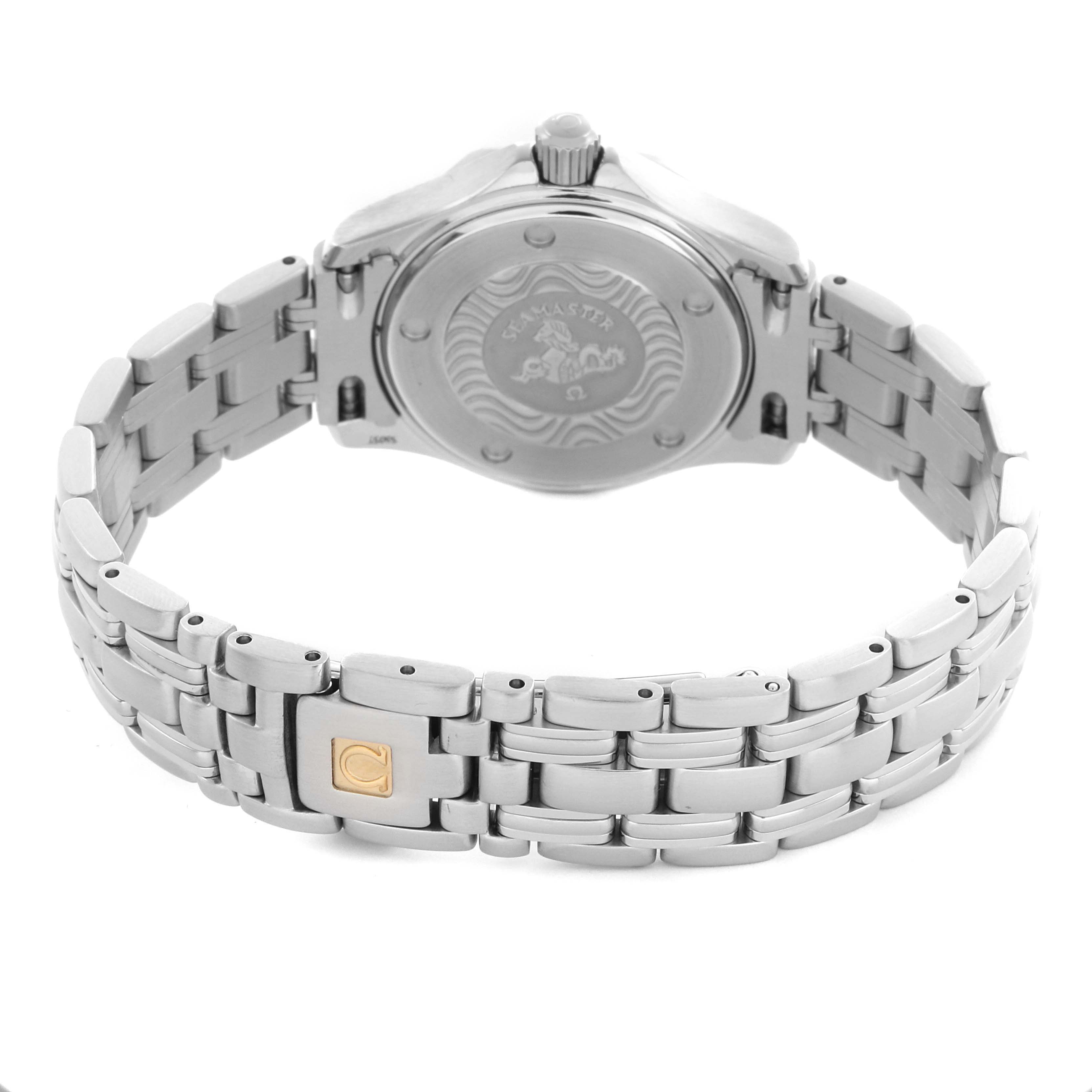 The image shows the back view of the Omega 2583.80.00 Women's Stainless Steel Blue Dial 2583.80.00 Women's Stainless Steel Blue Dial Seamaster Diver 300M 28mm Steel Ladies Watch, highlighting the case back and bracelet clasp.