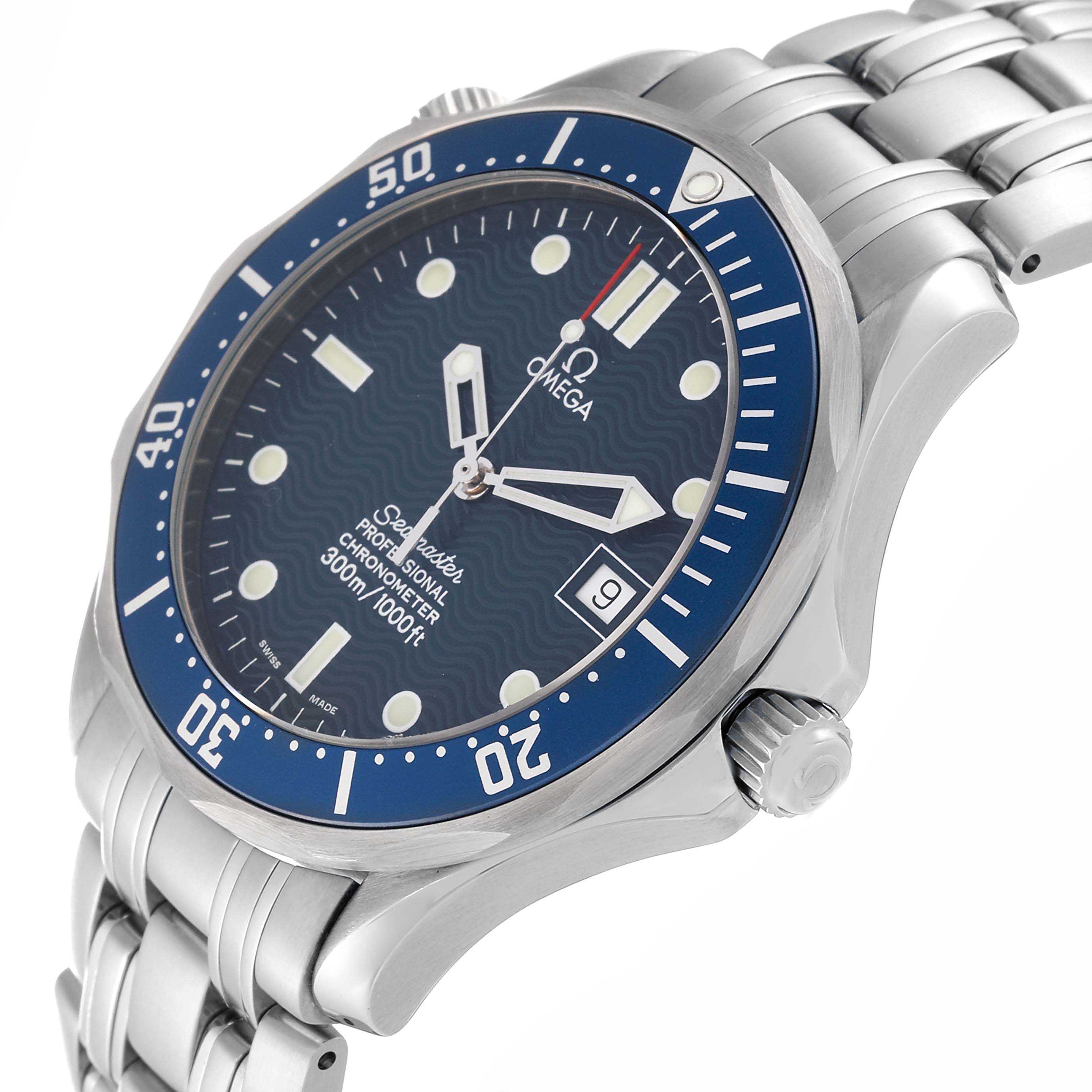 The image shows an angled side view of the Omega Seamaster 2531.80.00 Men
s Stainless Steel Blue Dial 2531.80.00 Men
s Stainless Steel Blue Dial watch, highlighting the dial, bezel, crown, and bracelet.