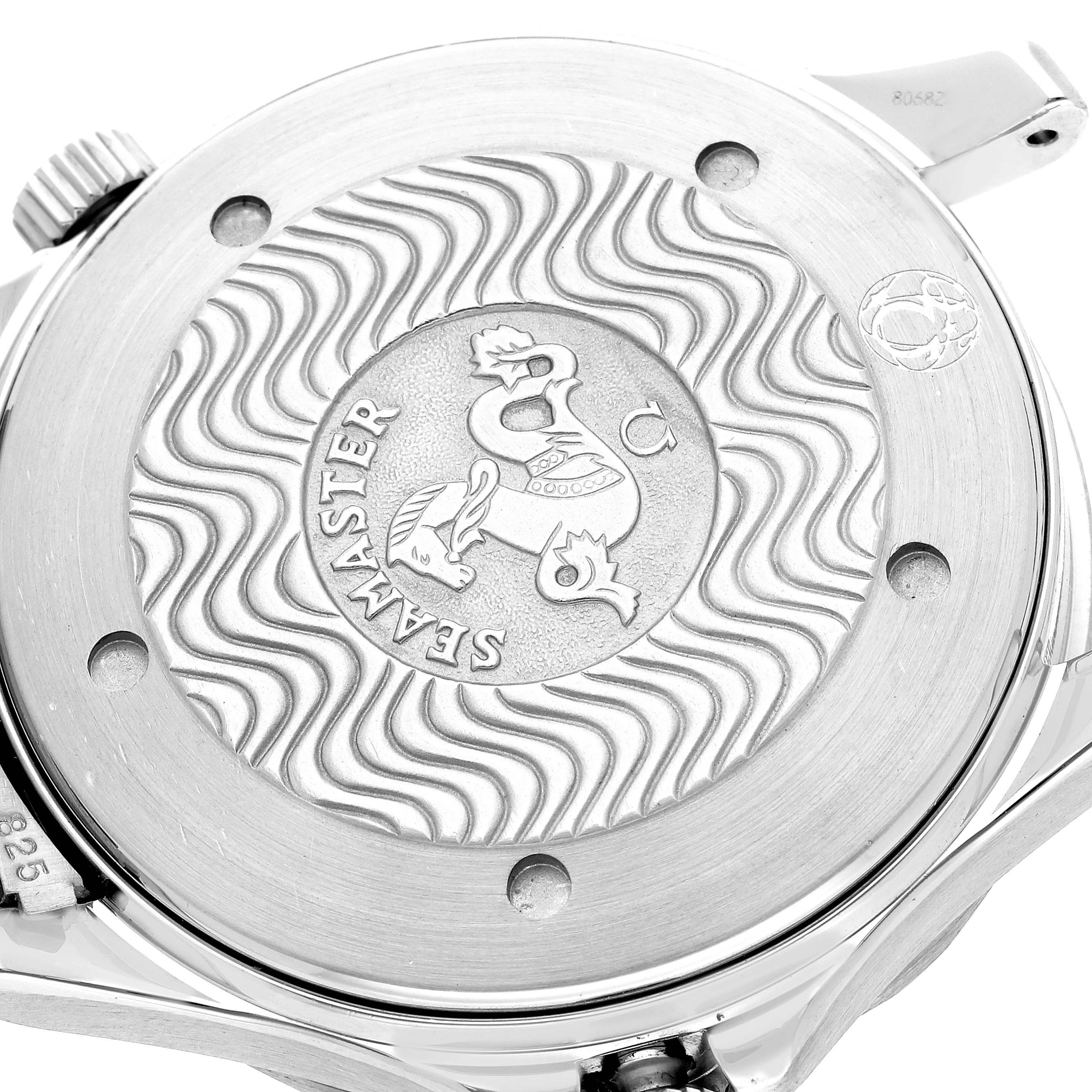 The image shows the back case of an Omega Seamaster 2531.80.00 Men
s Stainless Steel Blue Dial 2531.80.00 Men
s Stainless Steel Blue Dial watch, highlighting its intricate engraved design and branding.