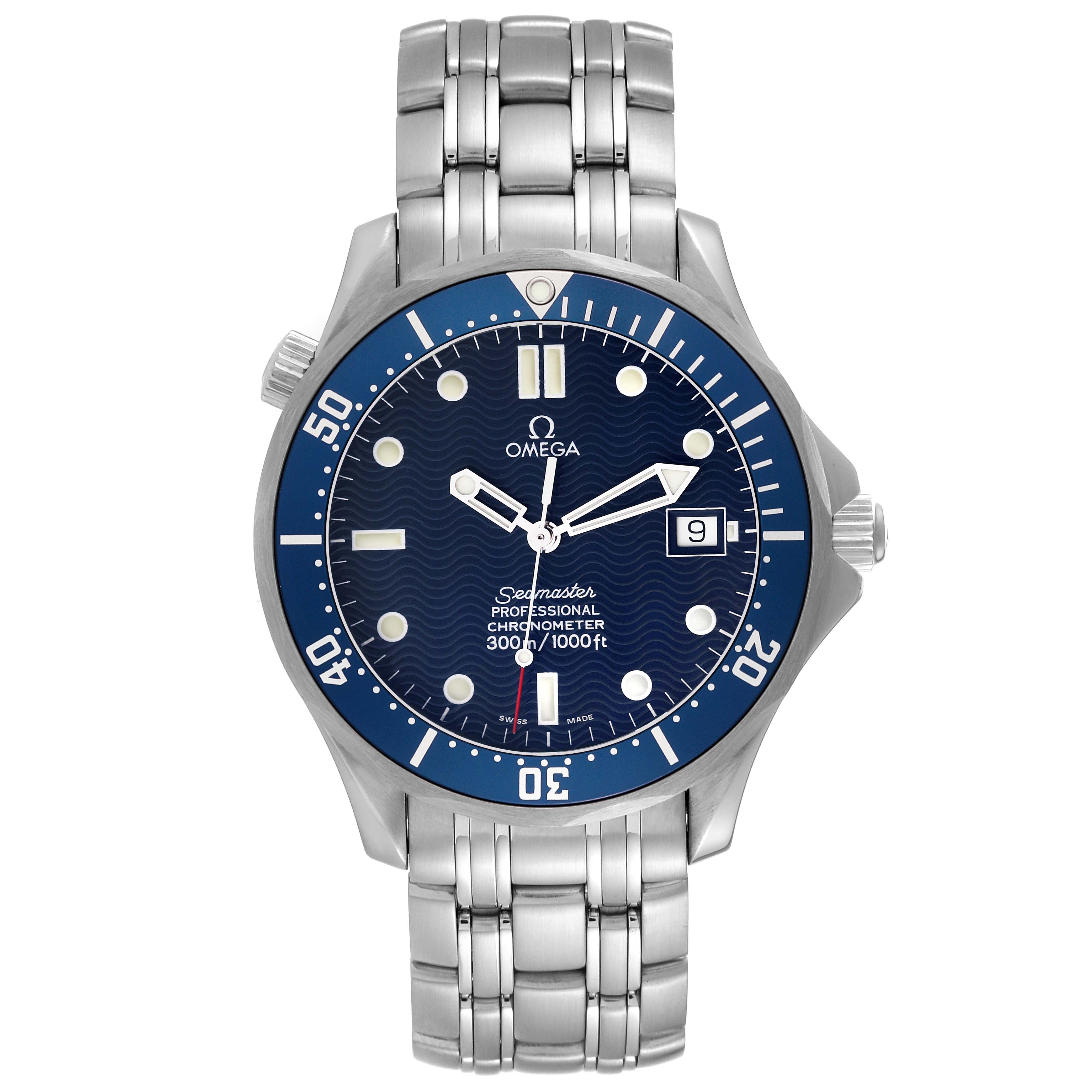 The image shows a front view of the Omega Seamaster 2531.80.00 Men
s Stainless Steel Blue Dial 2531.80.00 Men
s Stainless Steel Blue Dial watch displaying its face, bezel, crown, and metal bracelet.
