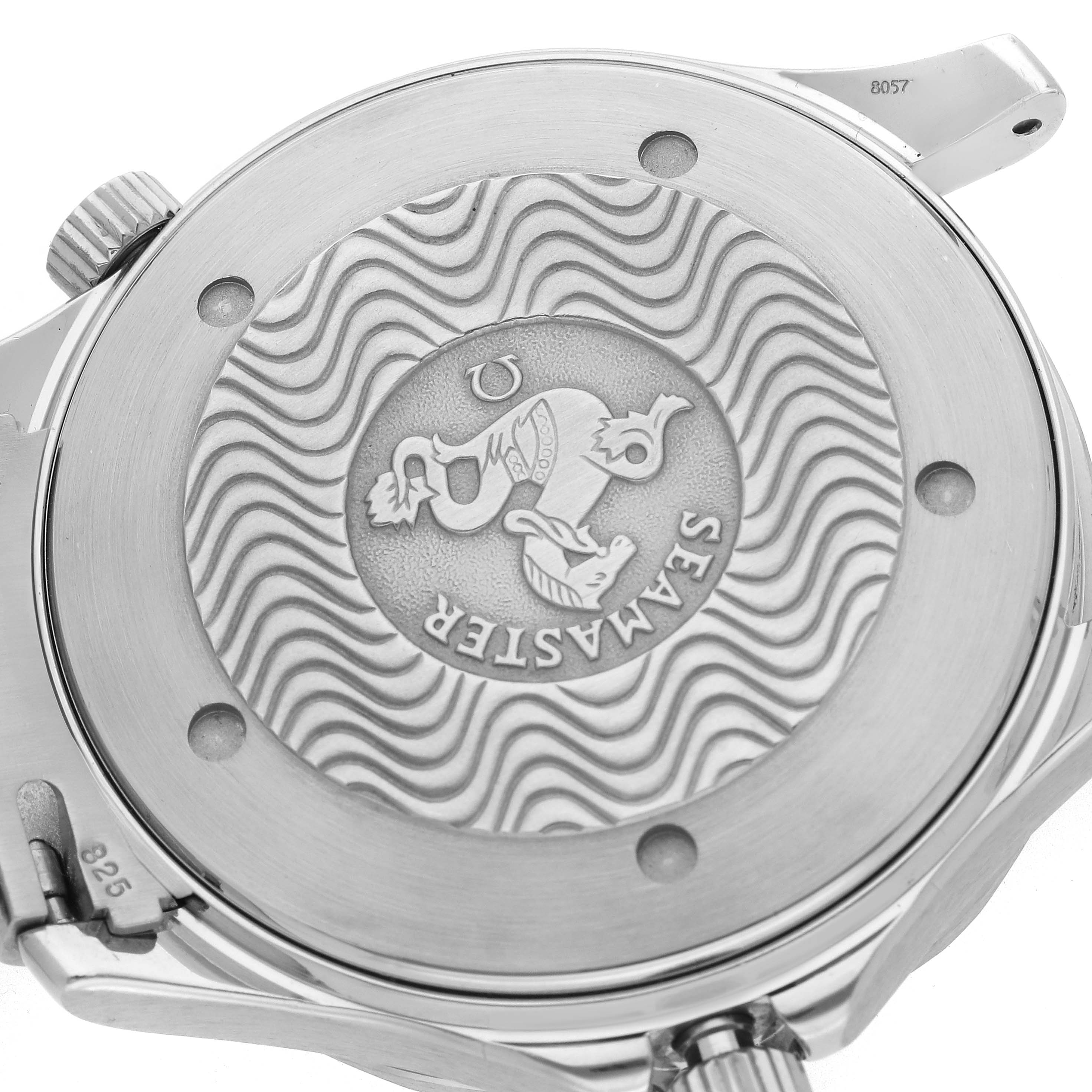 The image shows the back case of the Omega Seamaster 2531.80.00 Men's Stainless Steel Blue Dial 2531.80.00 Men's Stainless Steel Blue Dial watch, highlighting the engraved design and crown.