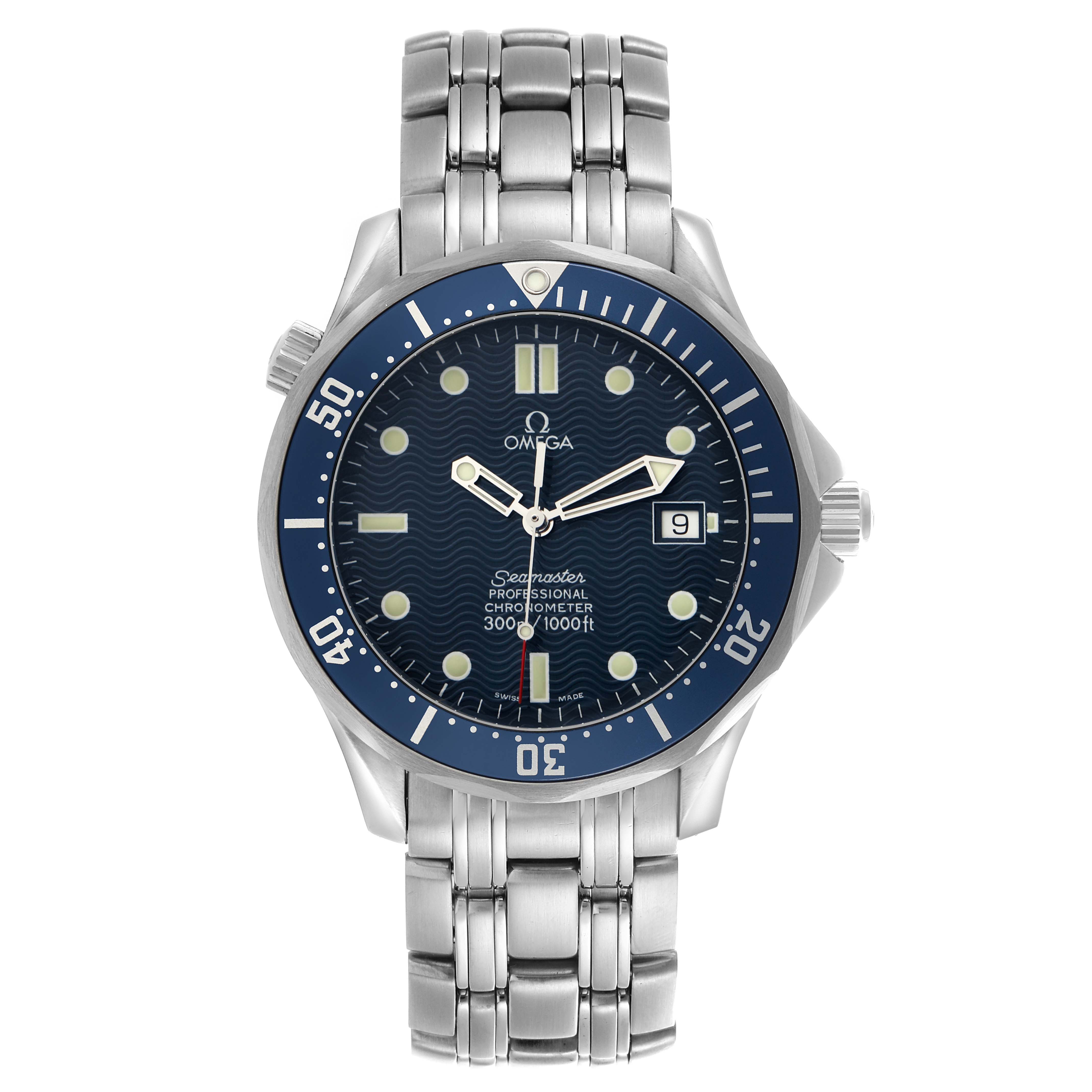 The image shows a front view of the Omega Seamaster 2531.80.00 Men's Stainless Steel Blue Dial 2531.80.00 Men's Stainless Steel Blue Dial watch, highlighting the dial, bezel, and bracelet.