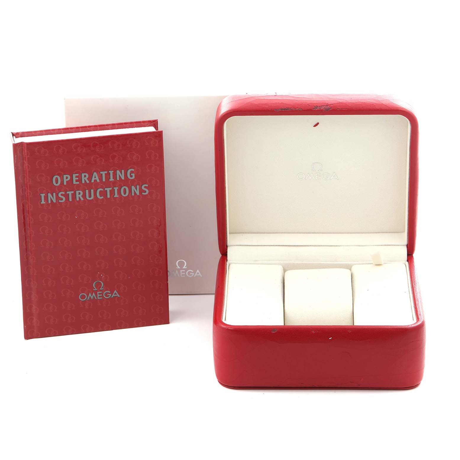 The image shows an Omega Seamaster 2531.80.00 Men's Stainless Steel Blue Dial 2531.80.00 Men's Stainless Steel Blue Dial watch box and operating instructions at a frontal angle.