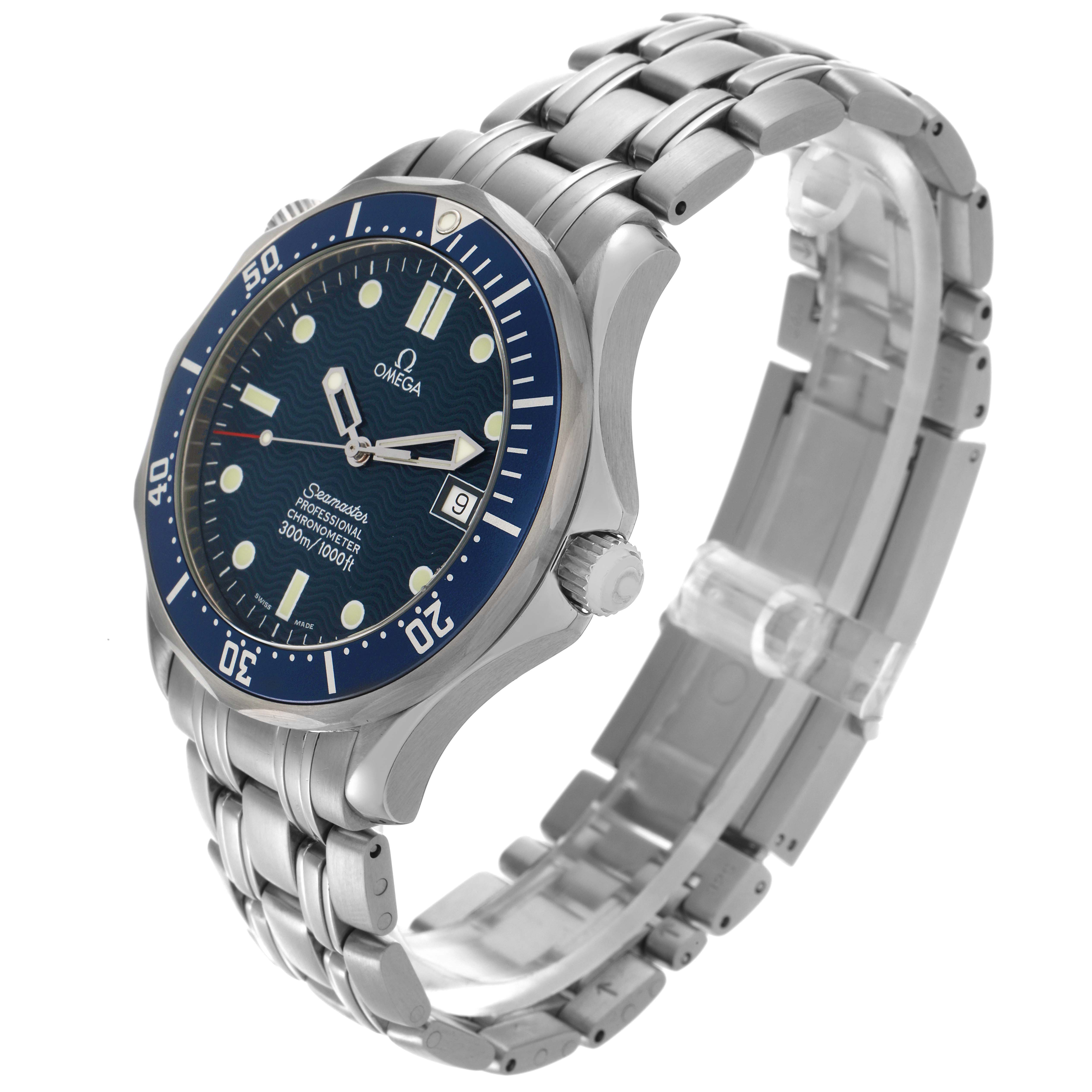 The Omega Seamaster 2531.80.00 Men's Stainless Steel Blue Dial 2531.80.00 Men's Stainless Steel Blue Dial watch is shown at a three-quarter angle, displaying the face, bezel, crown, and bracelet.