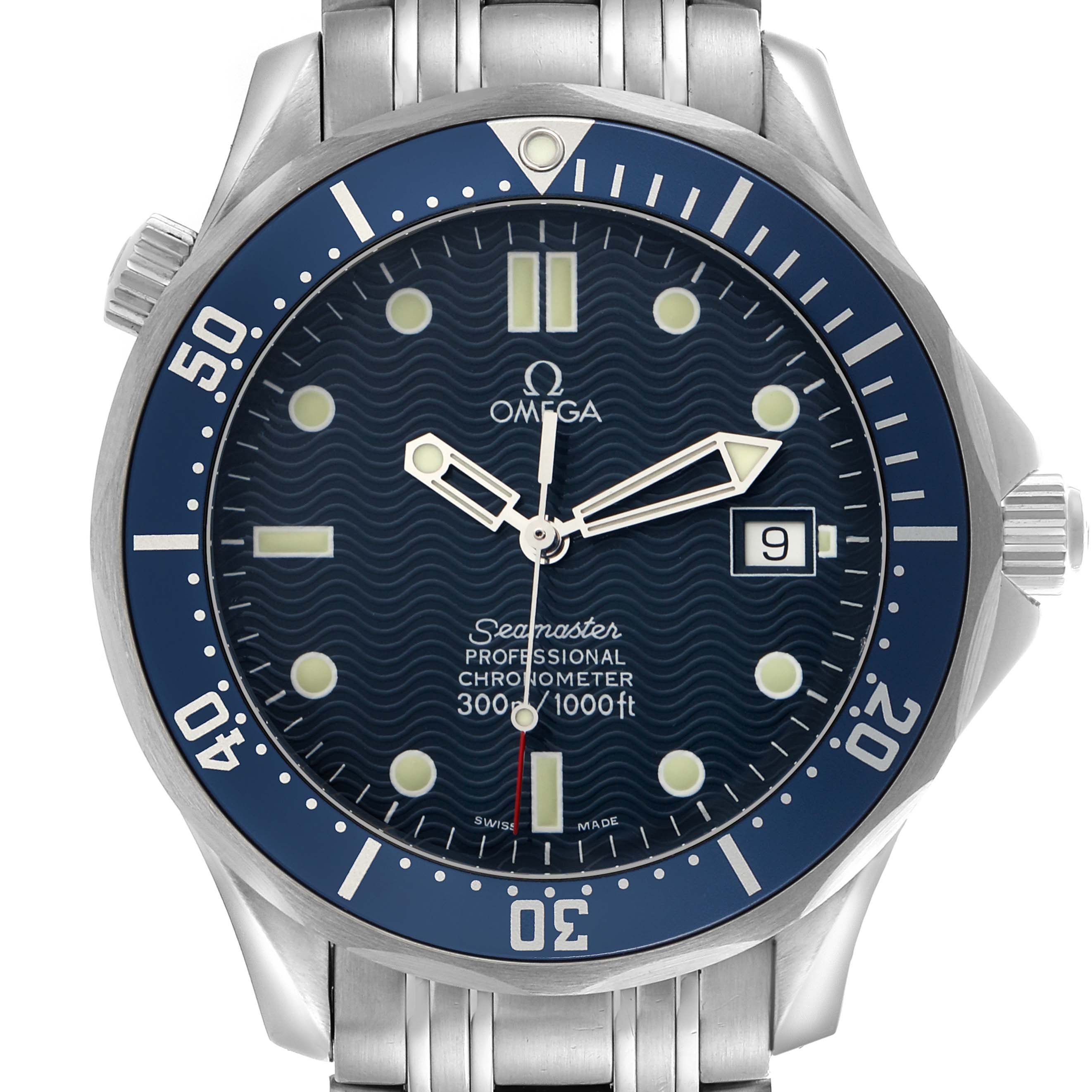 The Omega Seamaster 2531.80.00 Men's Stainless Steel Blue Dial 2531.80.00 Men's Stainless Steel Blue Dial watch is shown from the front, displaying the dial, bezel, bracelet, and crown.