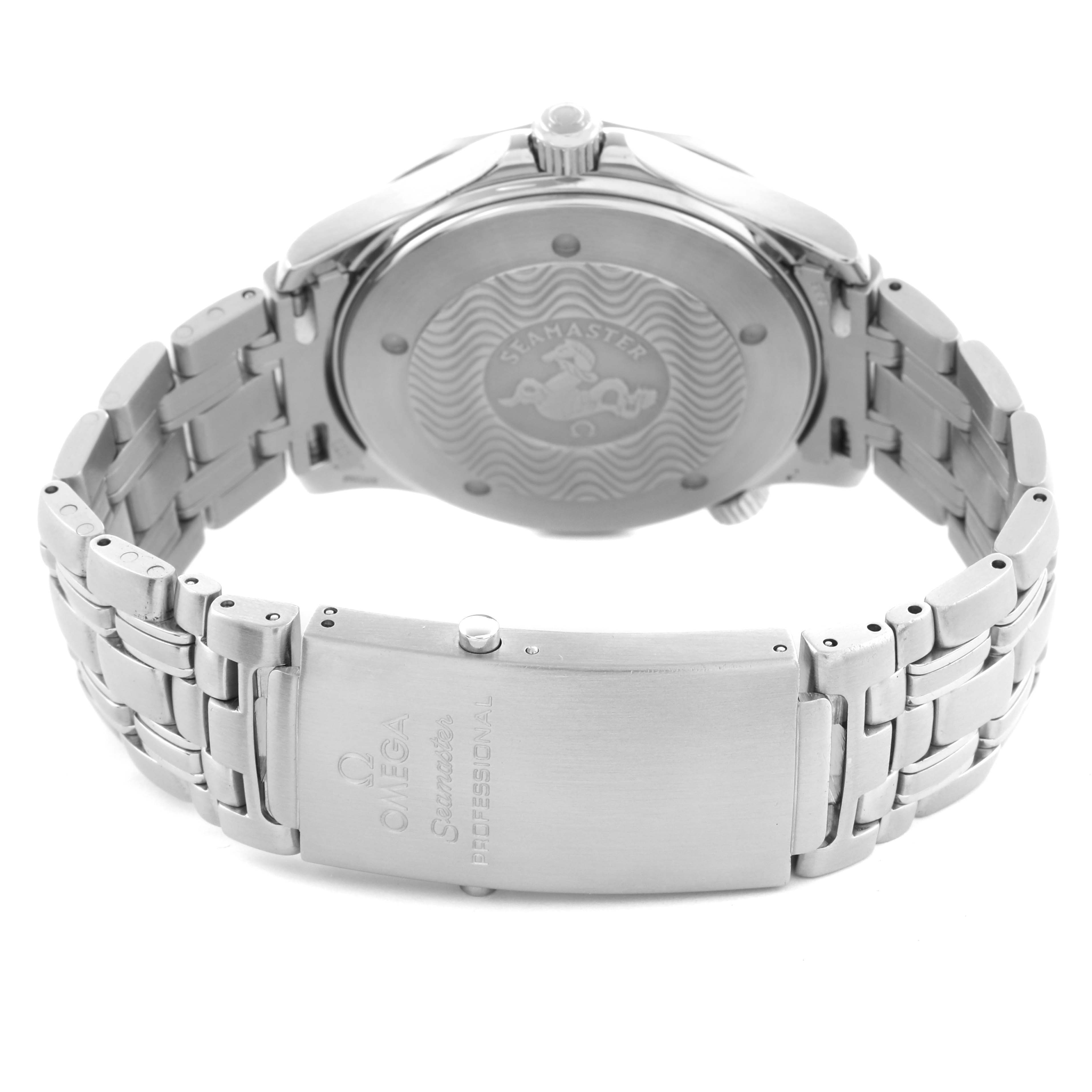 The image shows the back and bracelet of the Omega Seamaster 2531.80.00 Men's Stainless Steel Blue Dial 2531.80.00 Men's Stainless Steel Blue Dial watch, highlighting the clasp and engraved case back.