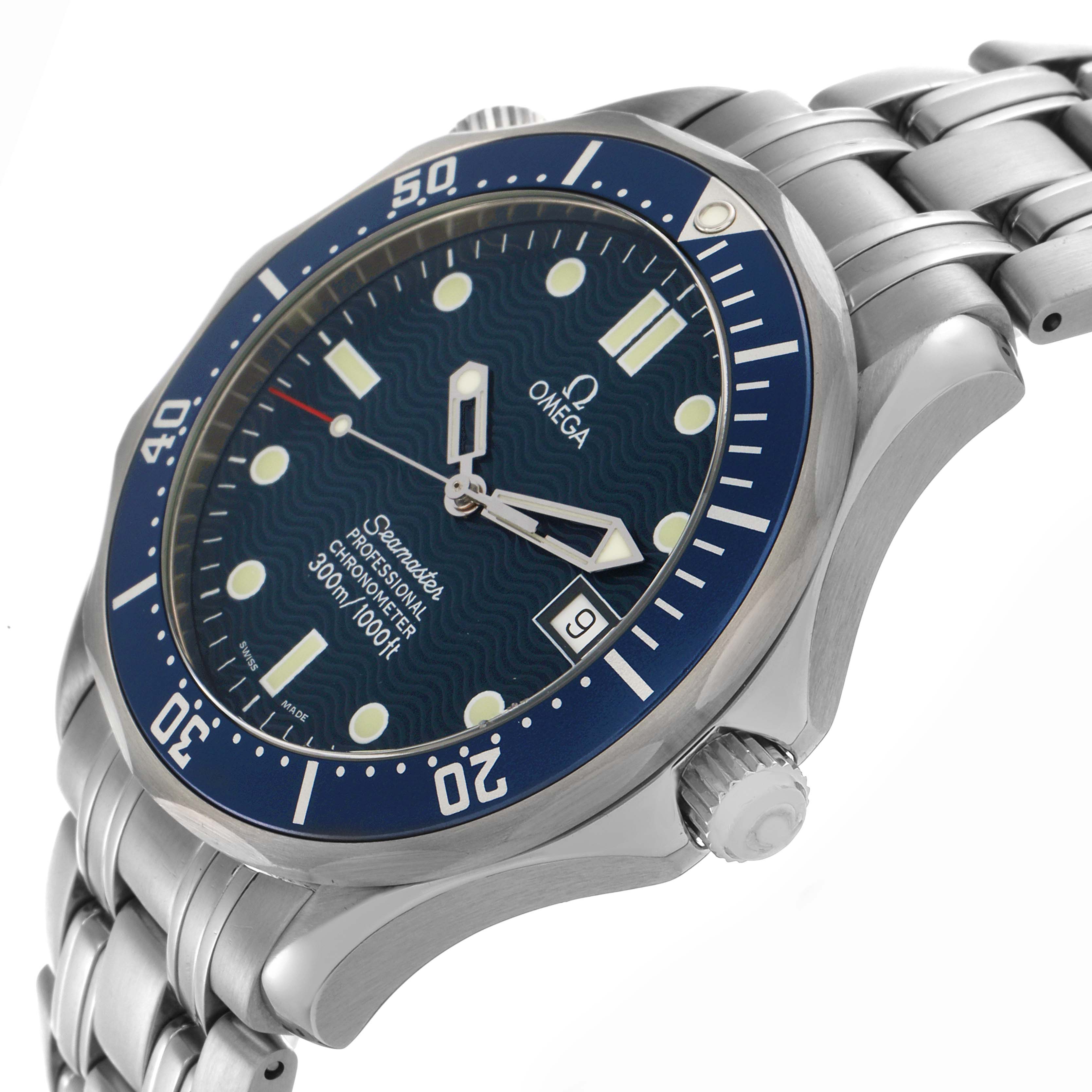 The Omega Seamaster 2531.80.00 Men's Stainless Steel Blue Dial 2531.80.00 Men's Stainless Steel Blue Dial watch is shown at an angled side view, displaying its bezel, face, crown, and bracelet.