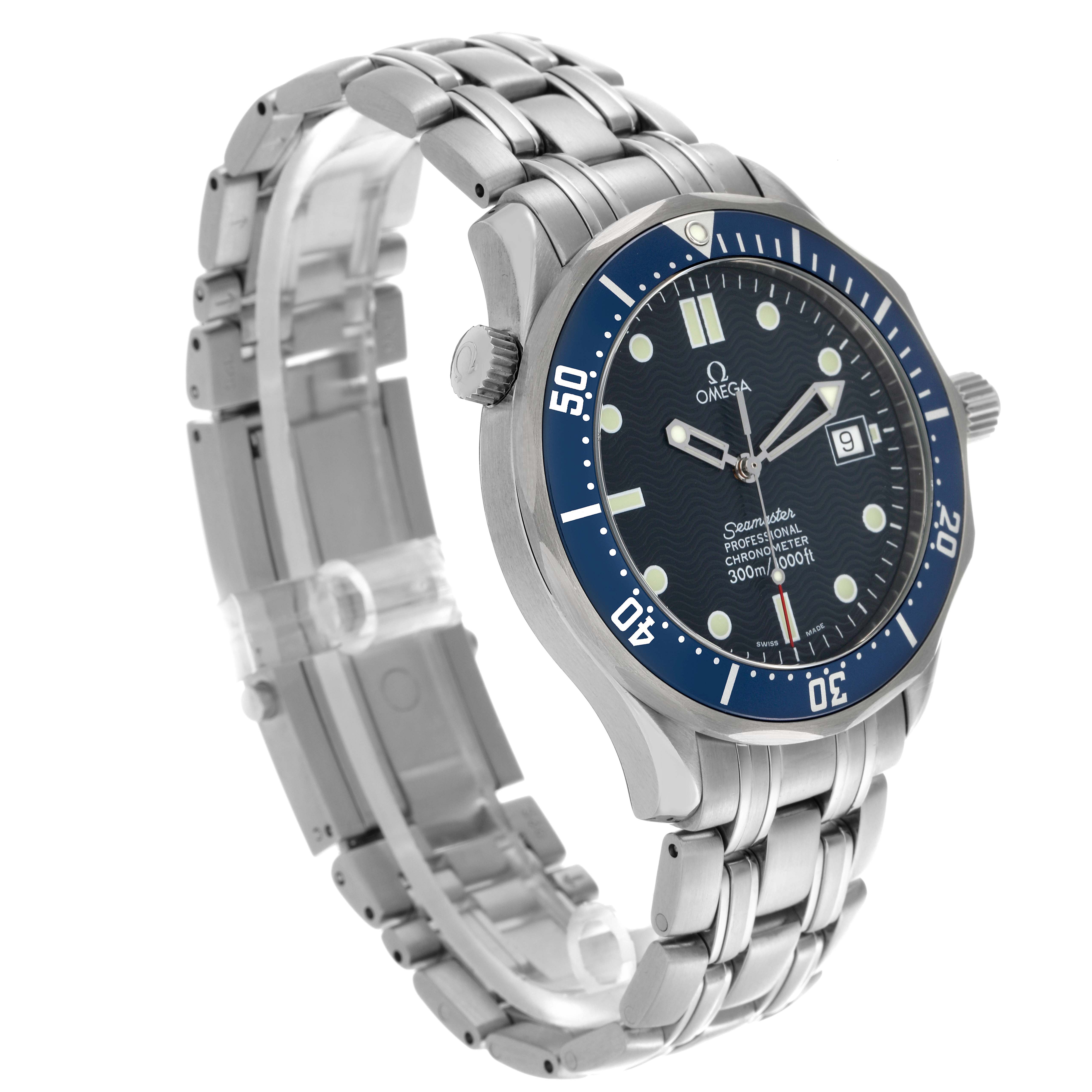 The Omega Seamaster 2531.80.00 Men's Stainless Steel Blue Dial 2531.80.00 Men's Stainless Steel Blue Dial watch is shown at a slight angle, displaying the bracelet, bezel, and dial.