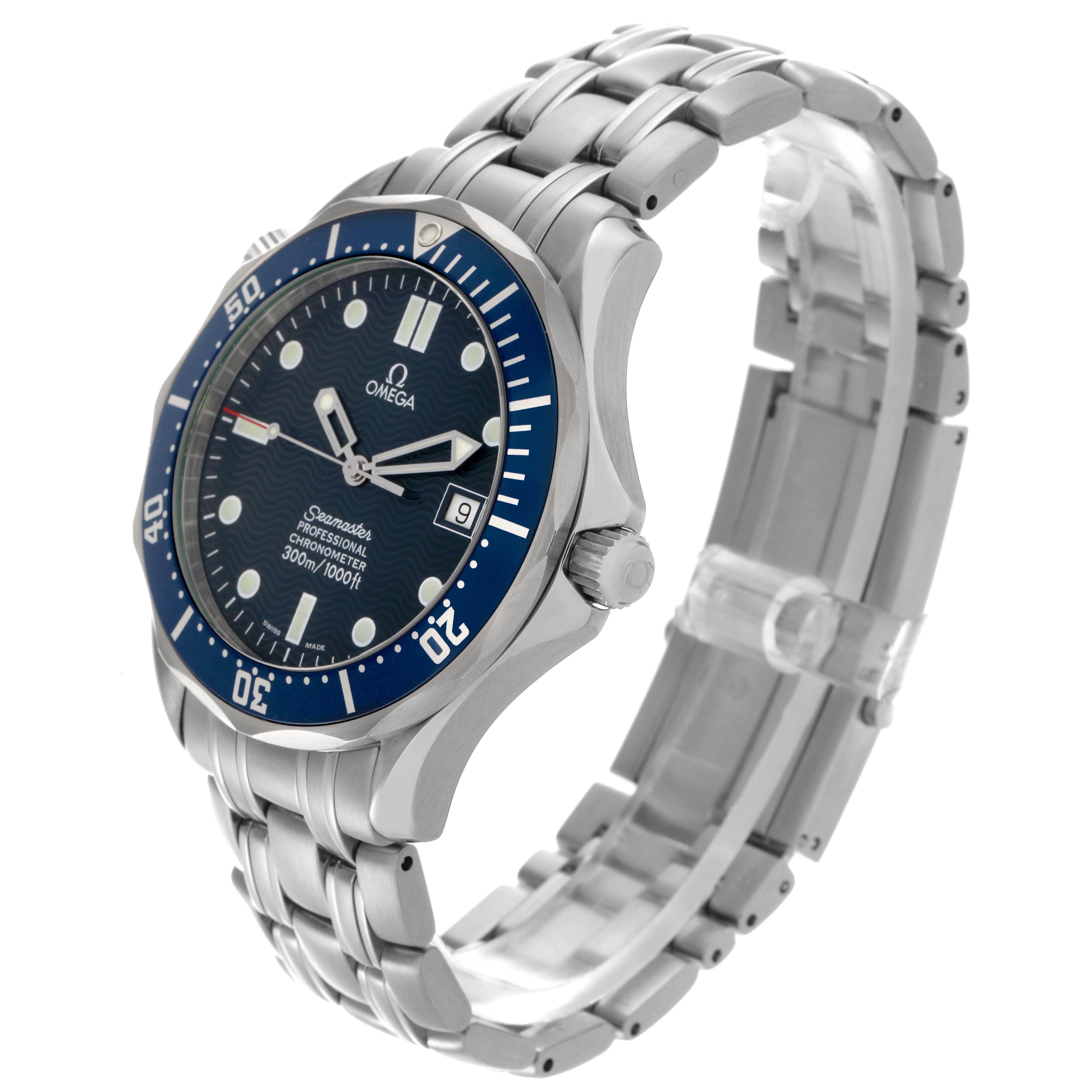 The Omega Seamaster 2531.80.00 Men's Stainless Steel Blue Dial 2531.80.00 Men's Stainless Steel Blue Dial watch is shown at a slight angle, highlighting the face, bezel, crown, and stainless steel bracelet.