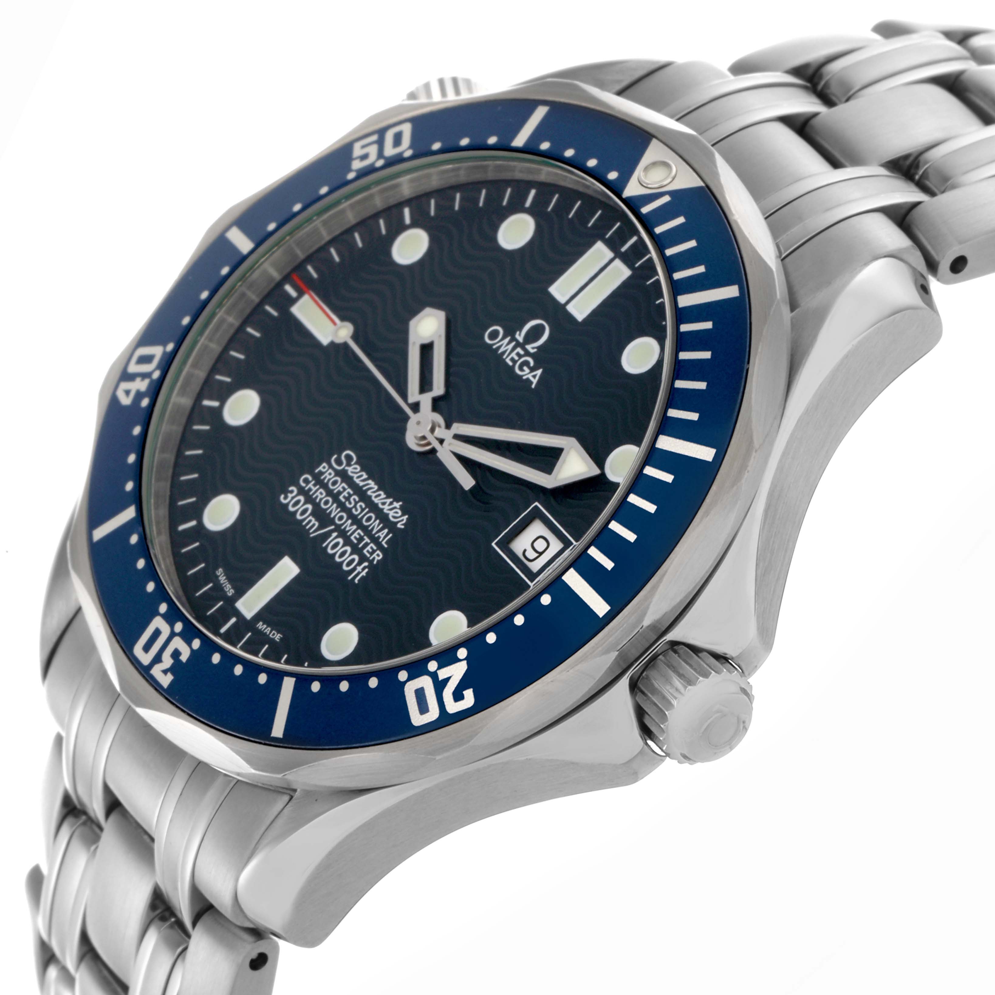 The Omega Seamaster 2531.80.00 Men's Stainless Steel Blue Dial 2531.80.00 Men's Stainless Steel Blue Dial watch is shown from a side angle, highlighting its bezel, crown, dial, and bracelet.