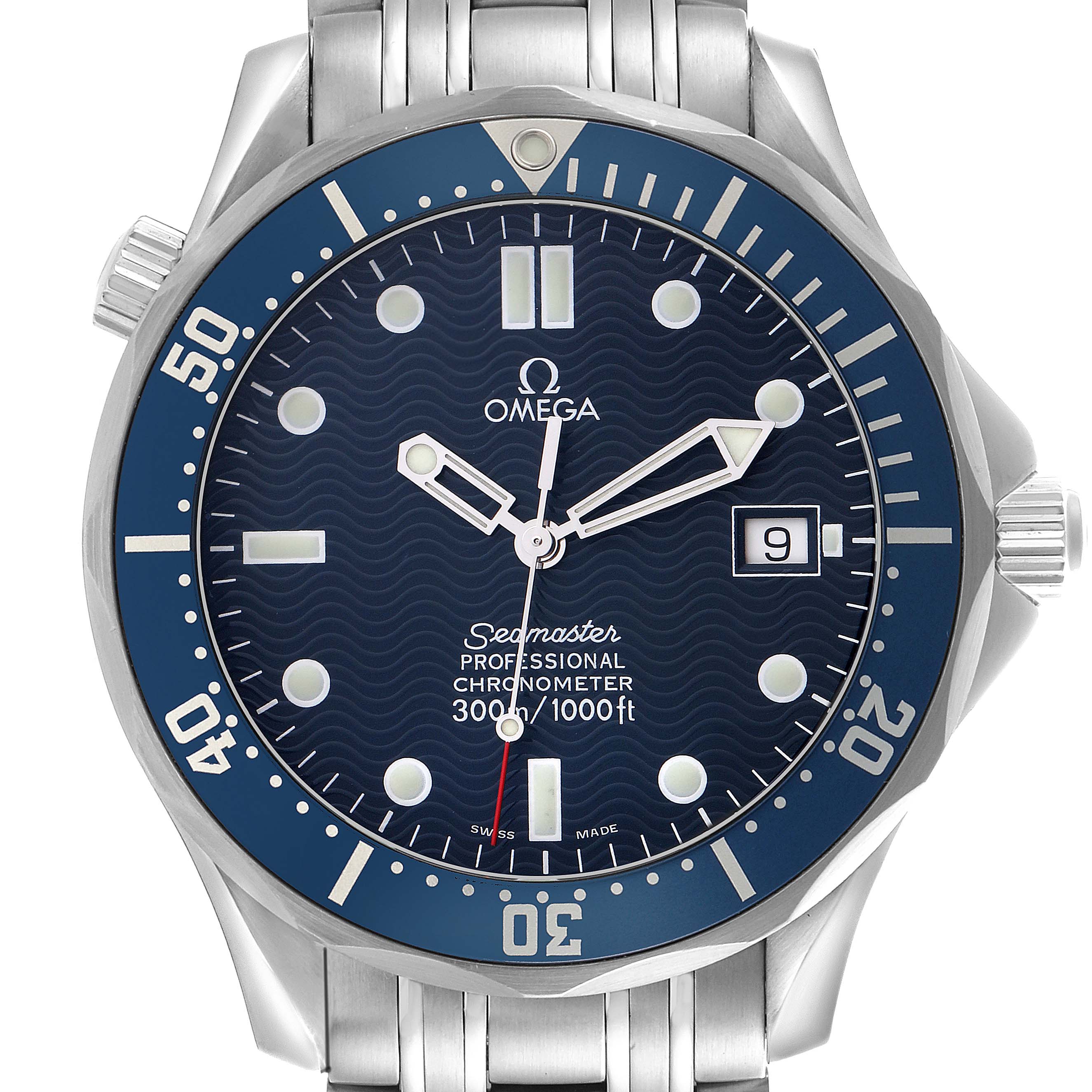 This Omega Seamaster 2531.80.00 Men's Stainless Steel Blue Dial 2531.80.00 Men's Stainless Steel Blue Dial watch is shown from the front, highlighting the dial, bezel, hands, bracelet, and crown.